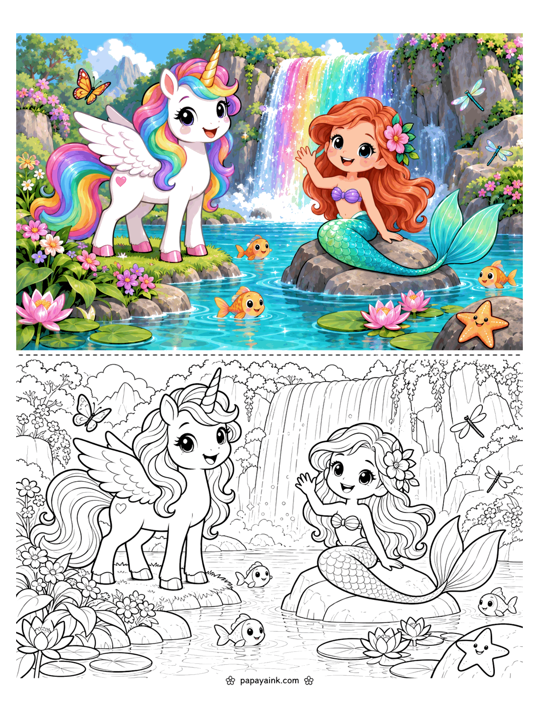 Cute Unicorn Coloring Pages - A winged unicorn and a mermaid meet at a rainbow waterfall with fish, water lilies, dragonflies and a smiling starfish. Detailed.