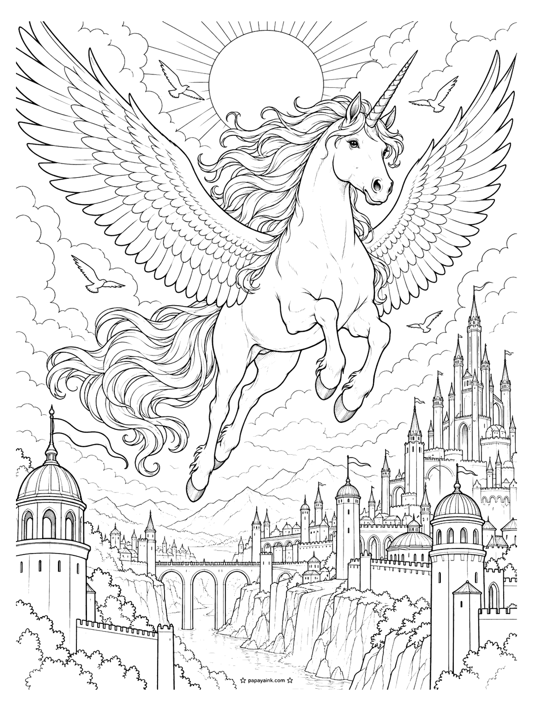 Unicorn Coloring Pages - Winged unicorn coloring page: an alicorn with wide feathered wings leaps across a sunburst sky above a walled city of domes, towers, flags, bridges and waterfalls. Detailed.