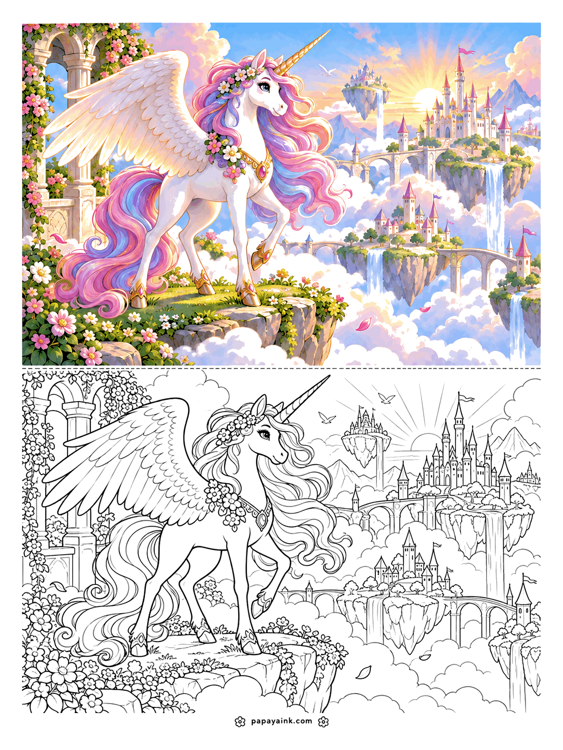 Unicorn Coloring Pages - Winged Unicorn Coloring Page with Color Sample: a rainbow-maned alicorn on a flowering cliff above floating castle islands, bridges and waterfalls in the clouds. Detailed.