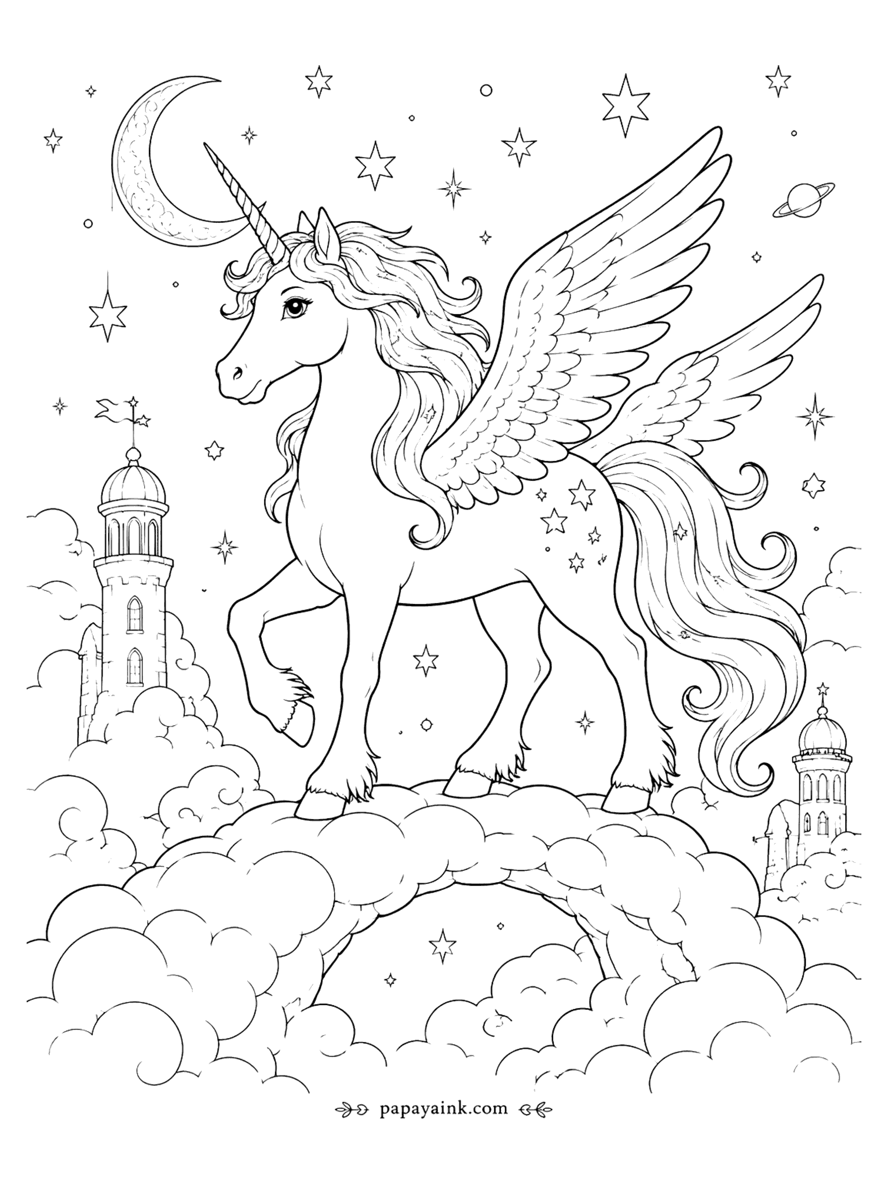 Unicorn Coloring Pages - Alicorn Coloring Page: Cloud Bridge Under the Crescent Moon