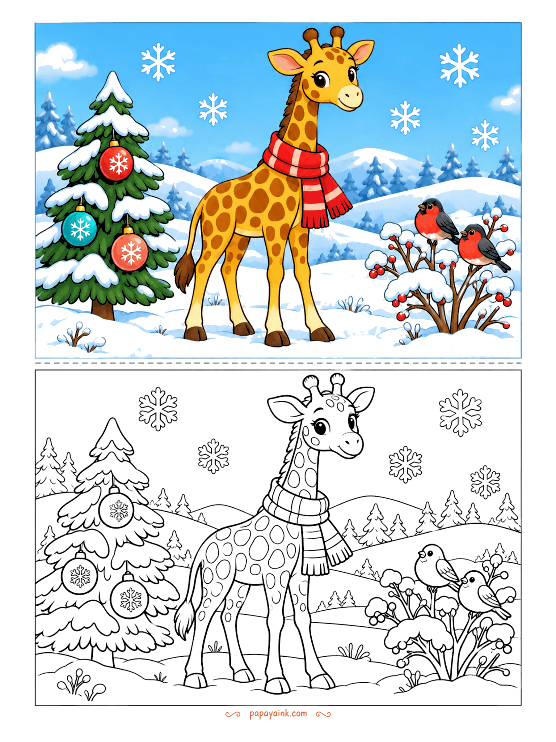 Giraffe Coloring Pages - Winter giraffe coloring page: a striped scarf, falling snowflakes, a fir tree hung with ornaments and two bullfinches on a berry bush.