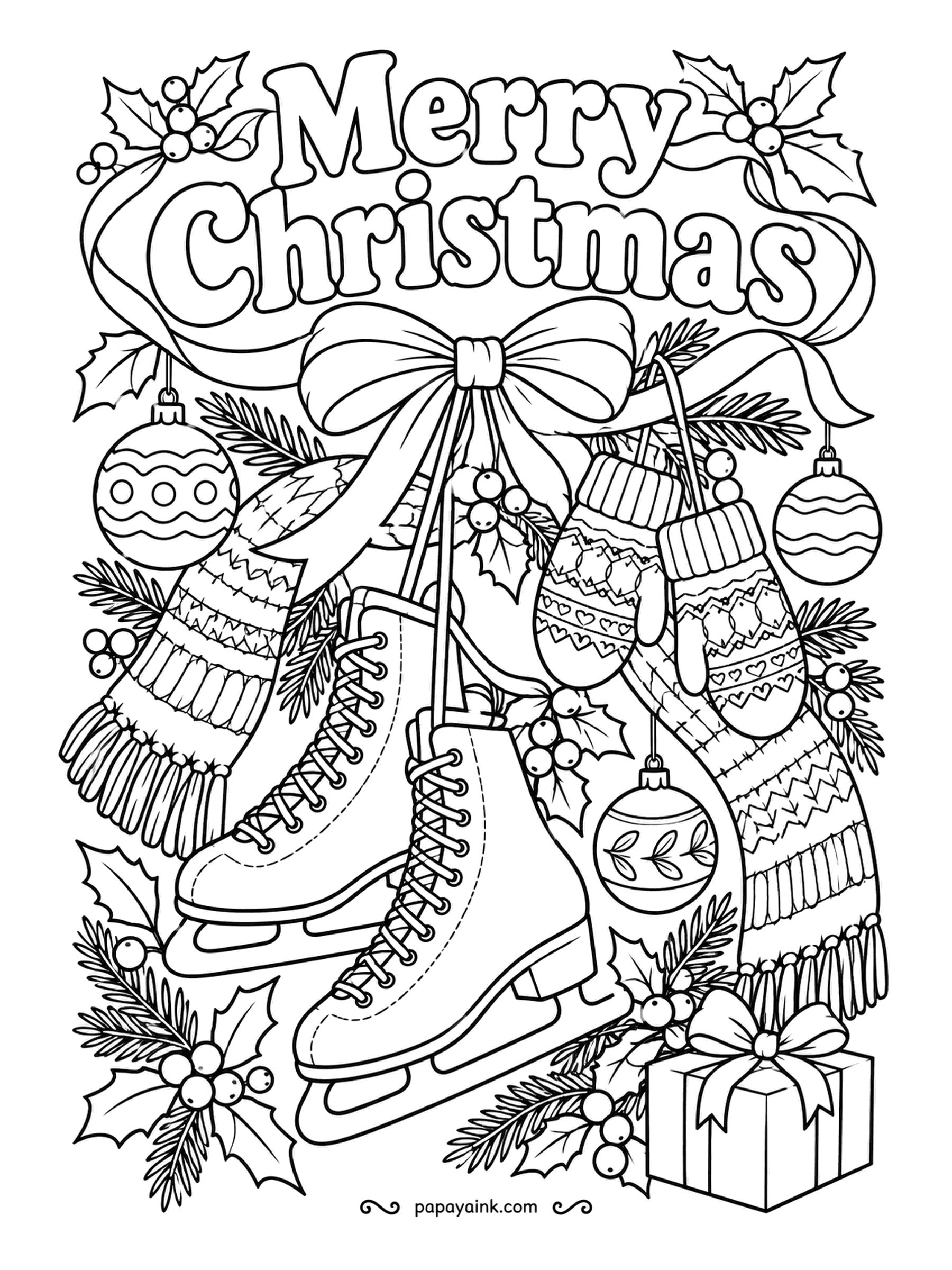 Merry Christmas Coloring Pages - Everything for the pond in one bundle: lace-up skates, a fringed scarf, Fair Isle mittens, all tied to a bow with a few baubles for luck. Detailed - repeat the scarf colors in the mittens to make a matching set.