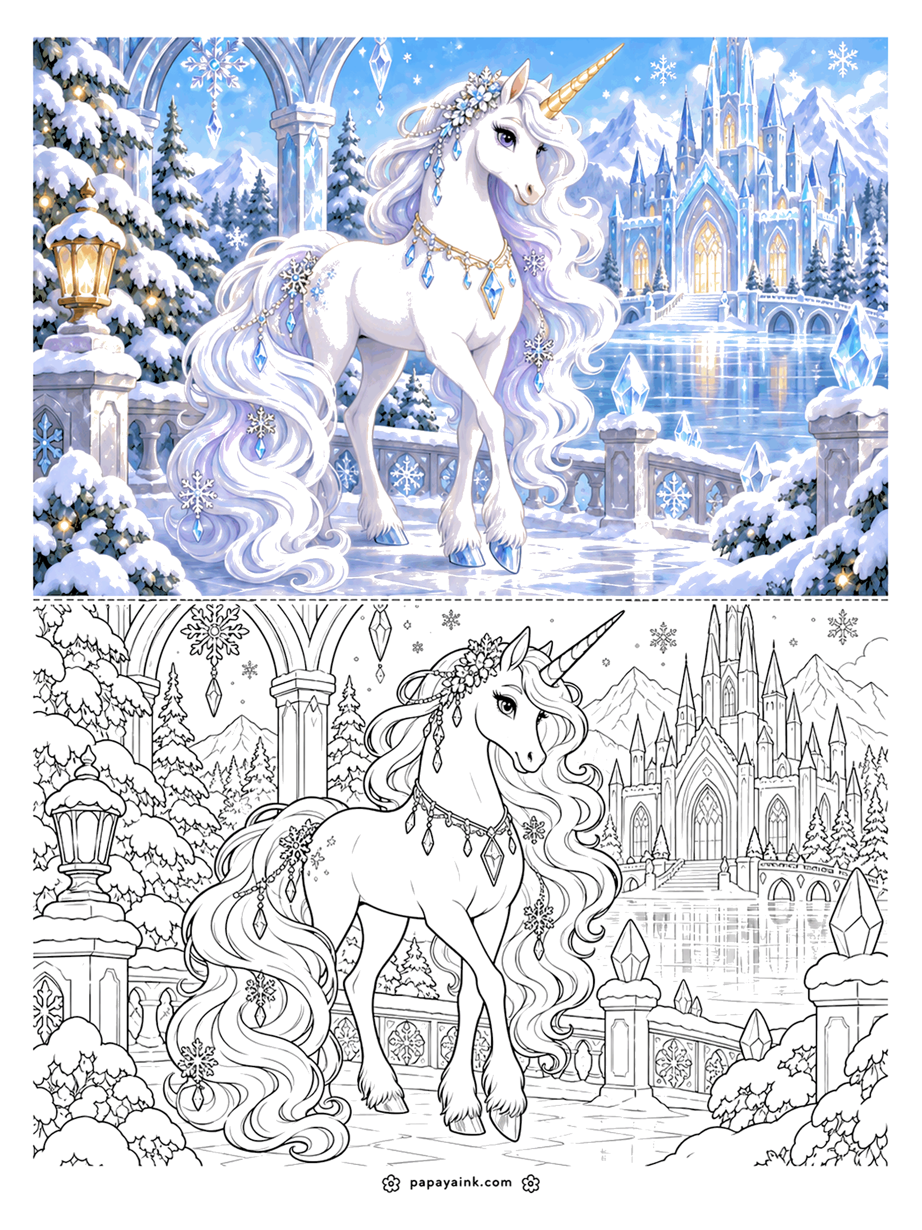 Unicorn Coloring Pages - Winter Unicorn Coloring Page with Color Sample: a unicorn in crystal jewelry and snowflake charms stands on a frozen terrace before an ice castle, snowy pines and a glowing lantern. Detailed.