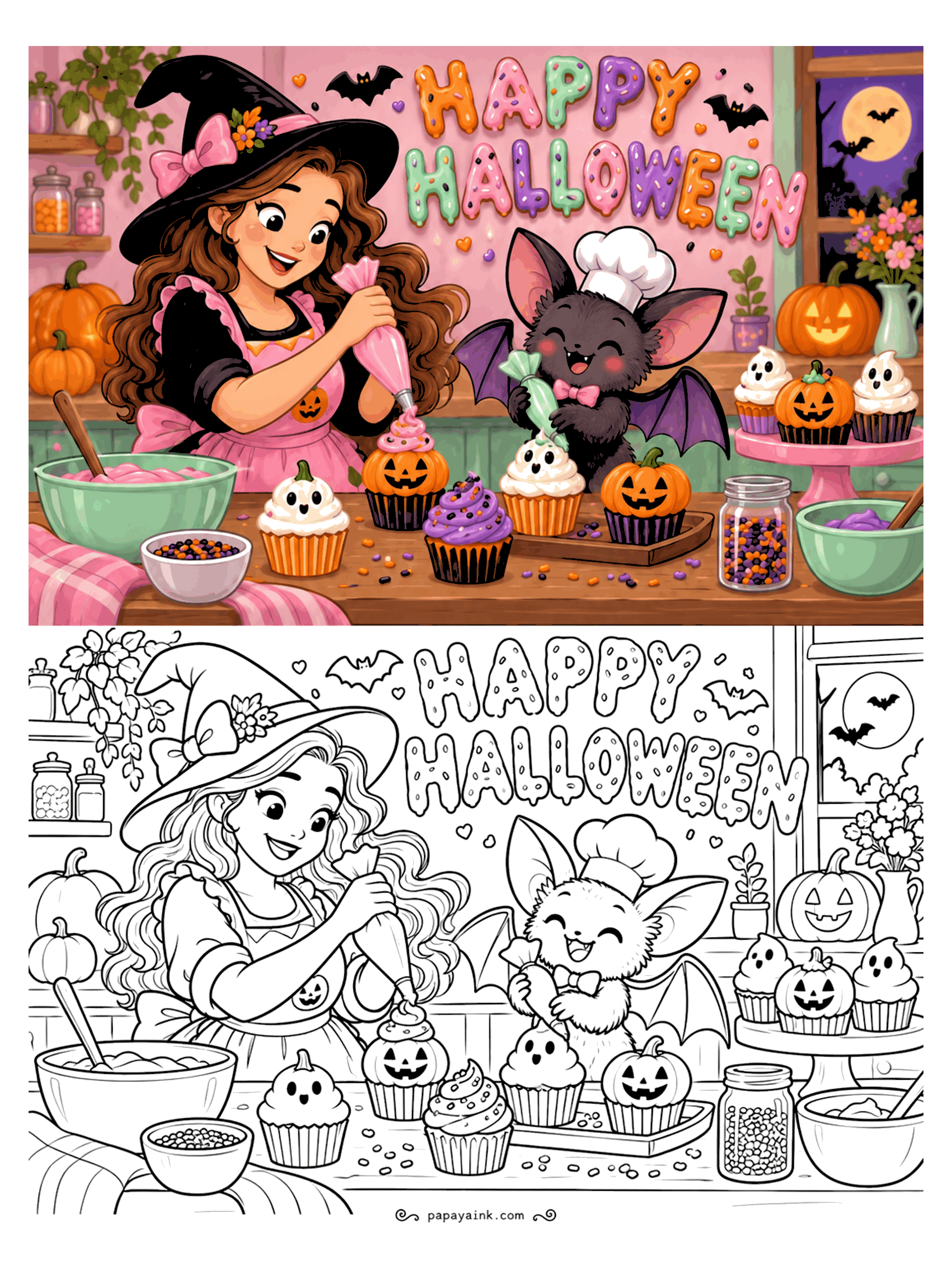 Halloween Coloring Pages - A witch in a pink apron pipes frosting onto pumpkin cupcakes while a bat in a chef hat unwraps candy in a cozy kitchen. Detailed