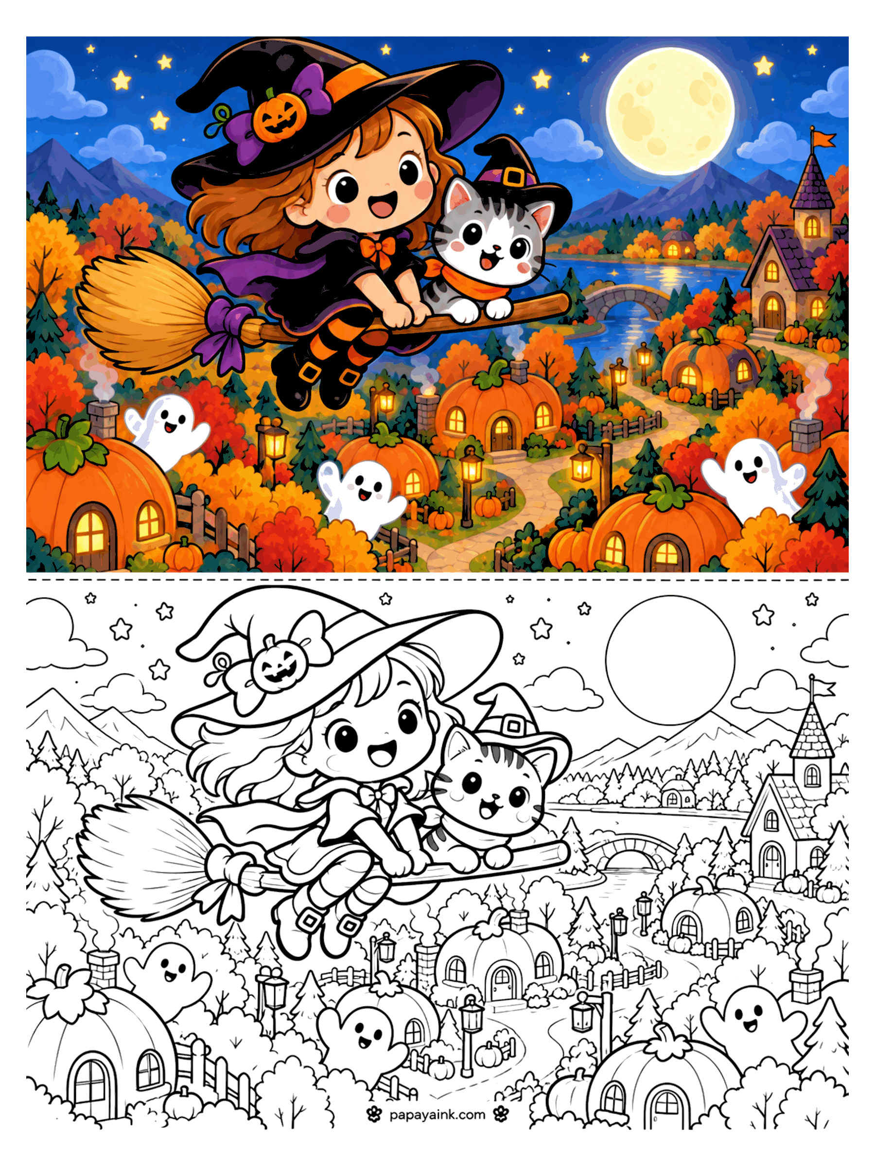 Pumpkin Coloring Pages - A little witch and her kitten ride a broomstick above a glowing village of pumpkin houses, lantern-lined paths, a bridge, and floating ghosts. Detailed.