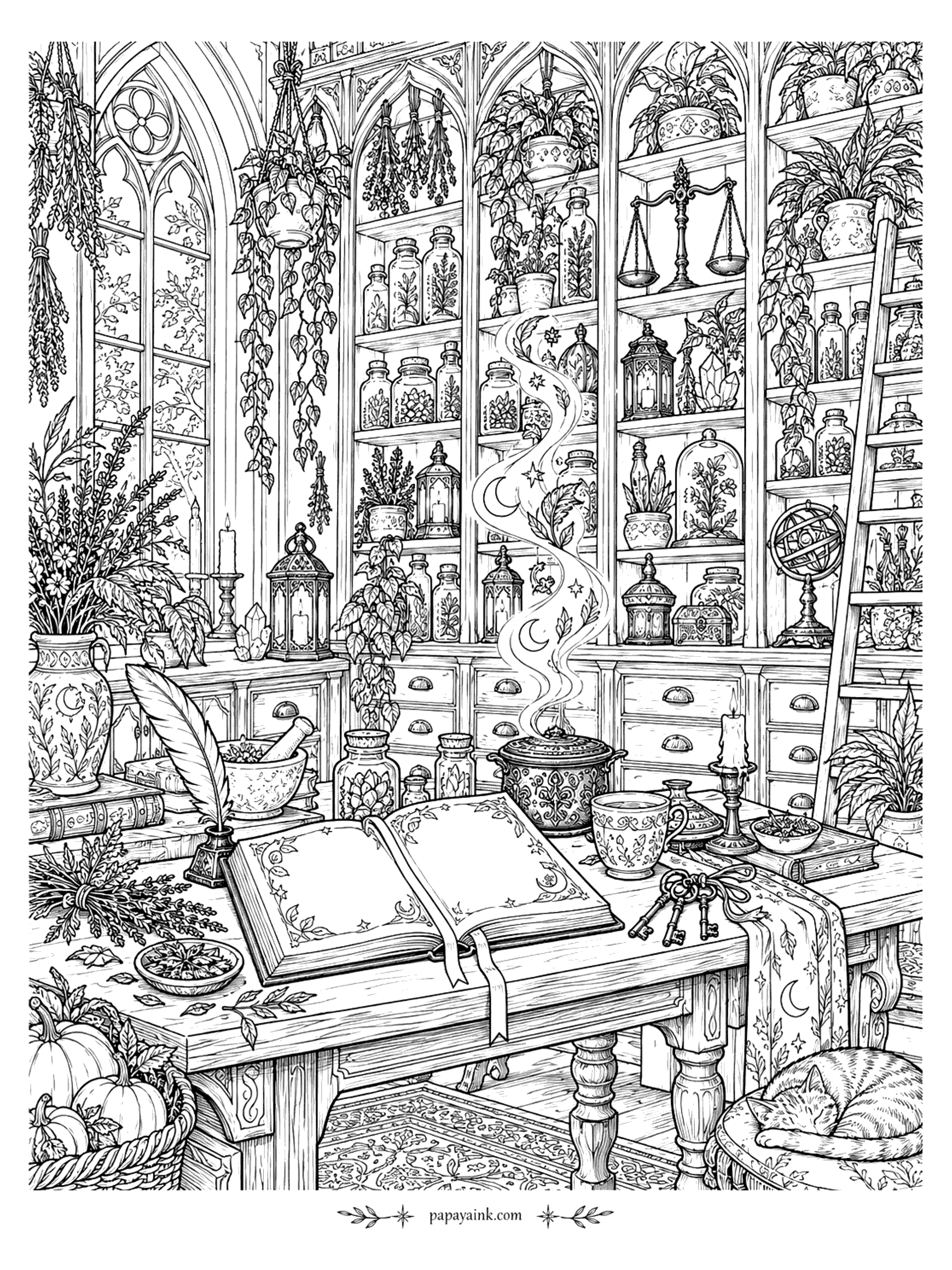 Halloween Coloring Pages for Adults - Cozy witch apothecary with an open spell book, quill, steaming cauldron, shelves of potion jars, hanging herbs, and a tabby cat asleep on a cushion (Detailed)