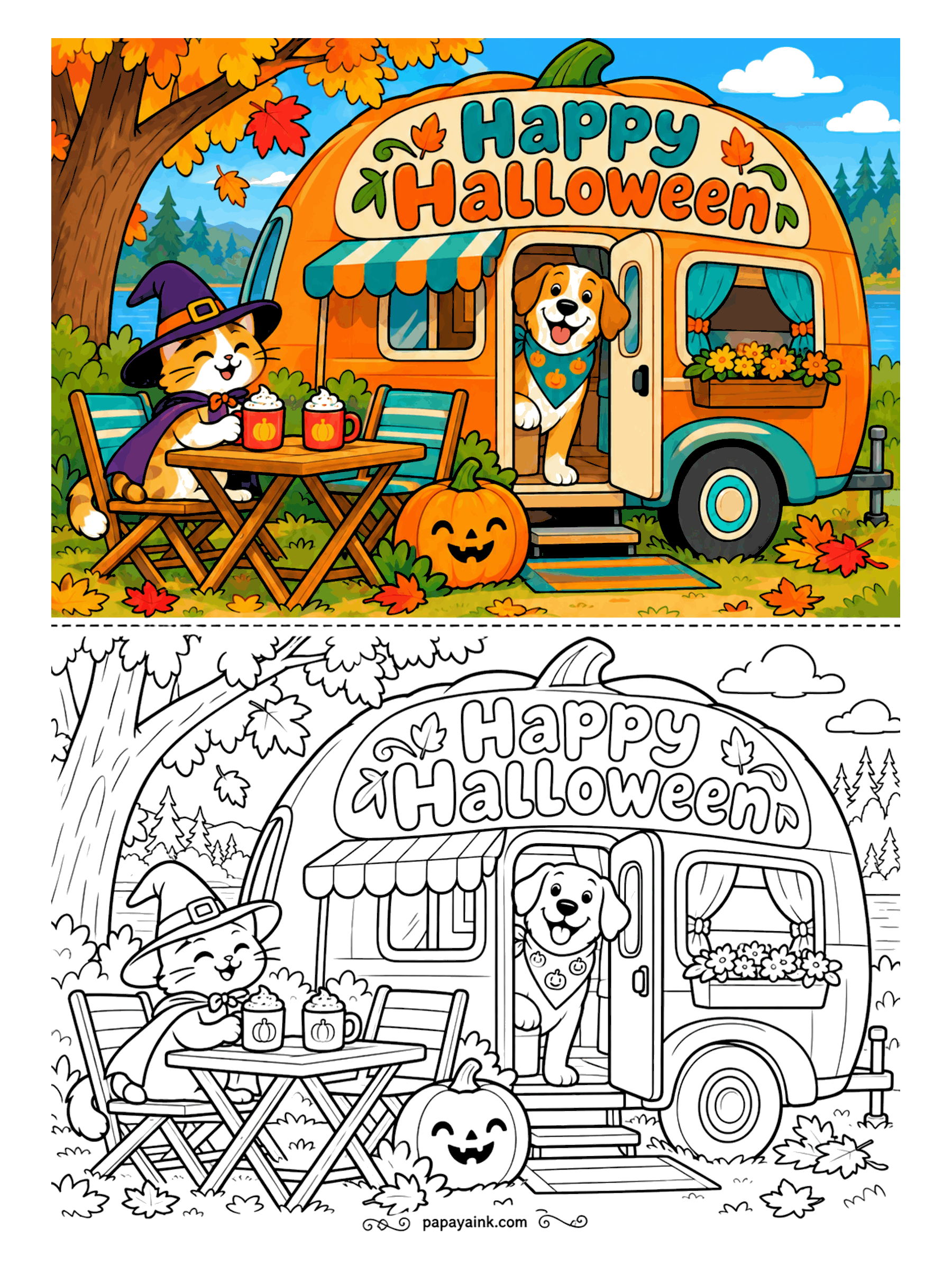 Halloween Coloring Pages - Cocoa at the campsite. A cat in a witch hat waits at the folding table as the dog pokes its head out of the pumpkin camper. The camper is the biggest flat area here, so go bold with it.