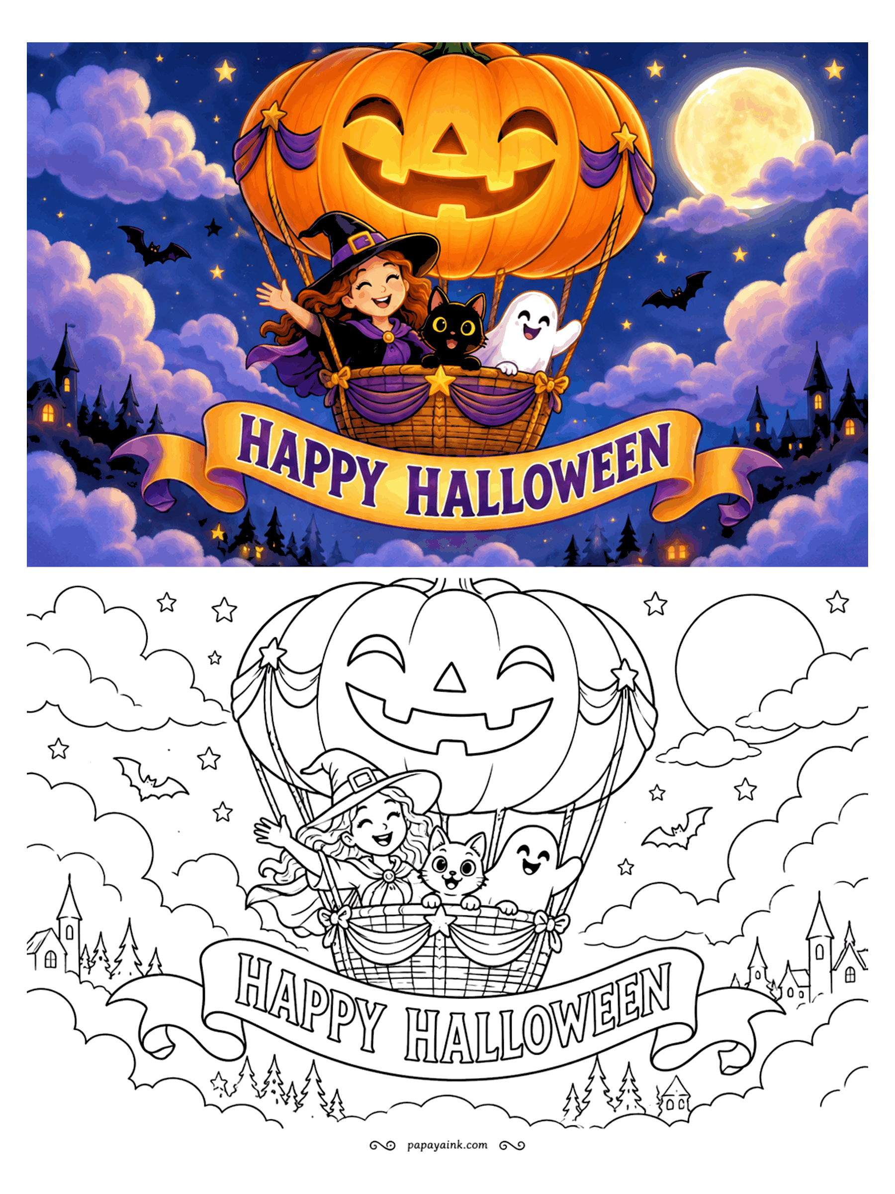 Halloween Coloring Pages - A witch, a black cat and a ghost wave from the basket of a jack-o-lantern hot air balloon drifting through starry clouds. Detailed