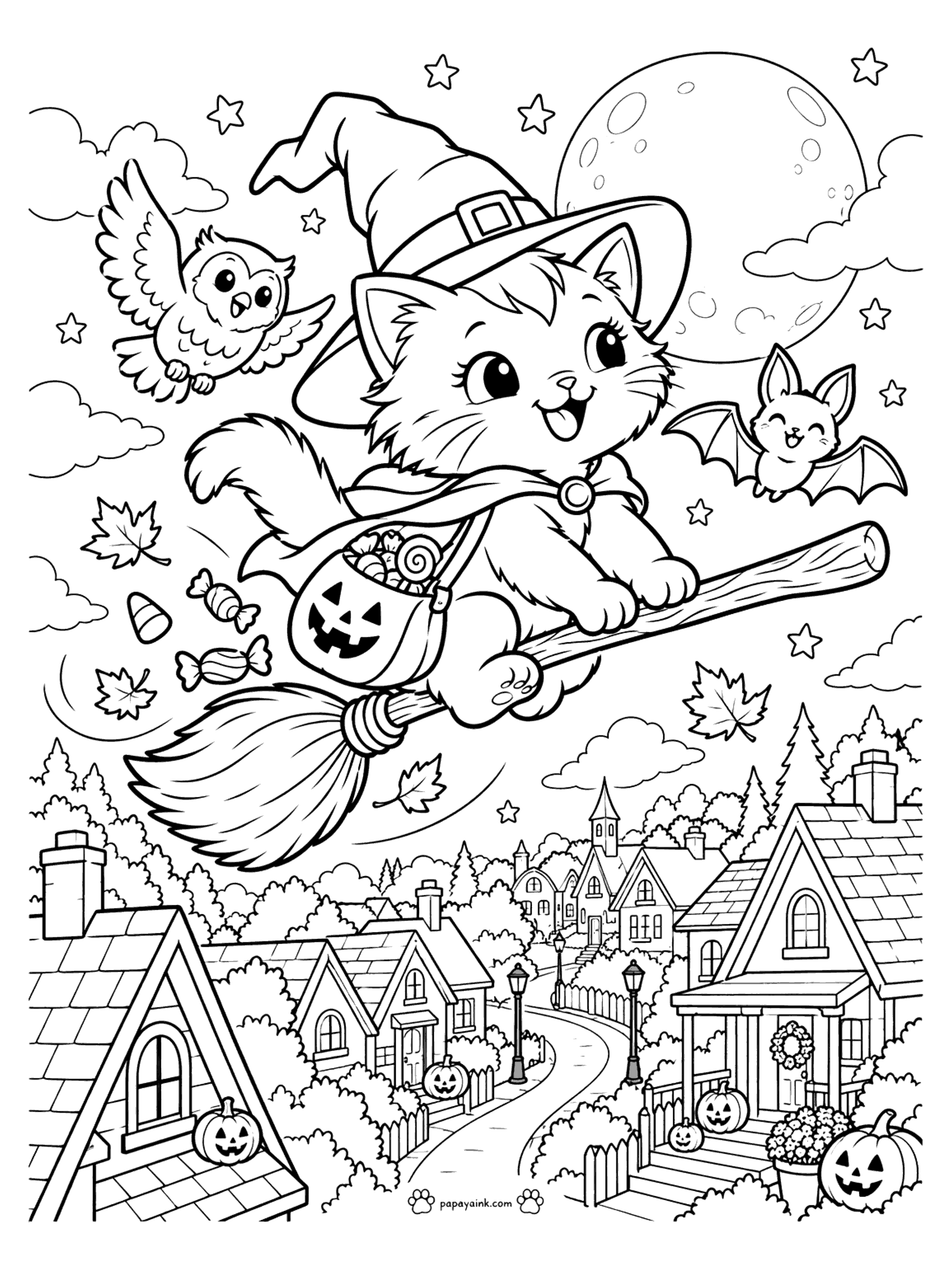 Halloween Cat Coloring Pages - A witch cat on a broomstick soaring over a Halloween village under the full moon with an owl and a little bat.