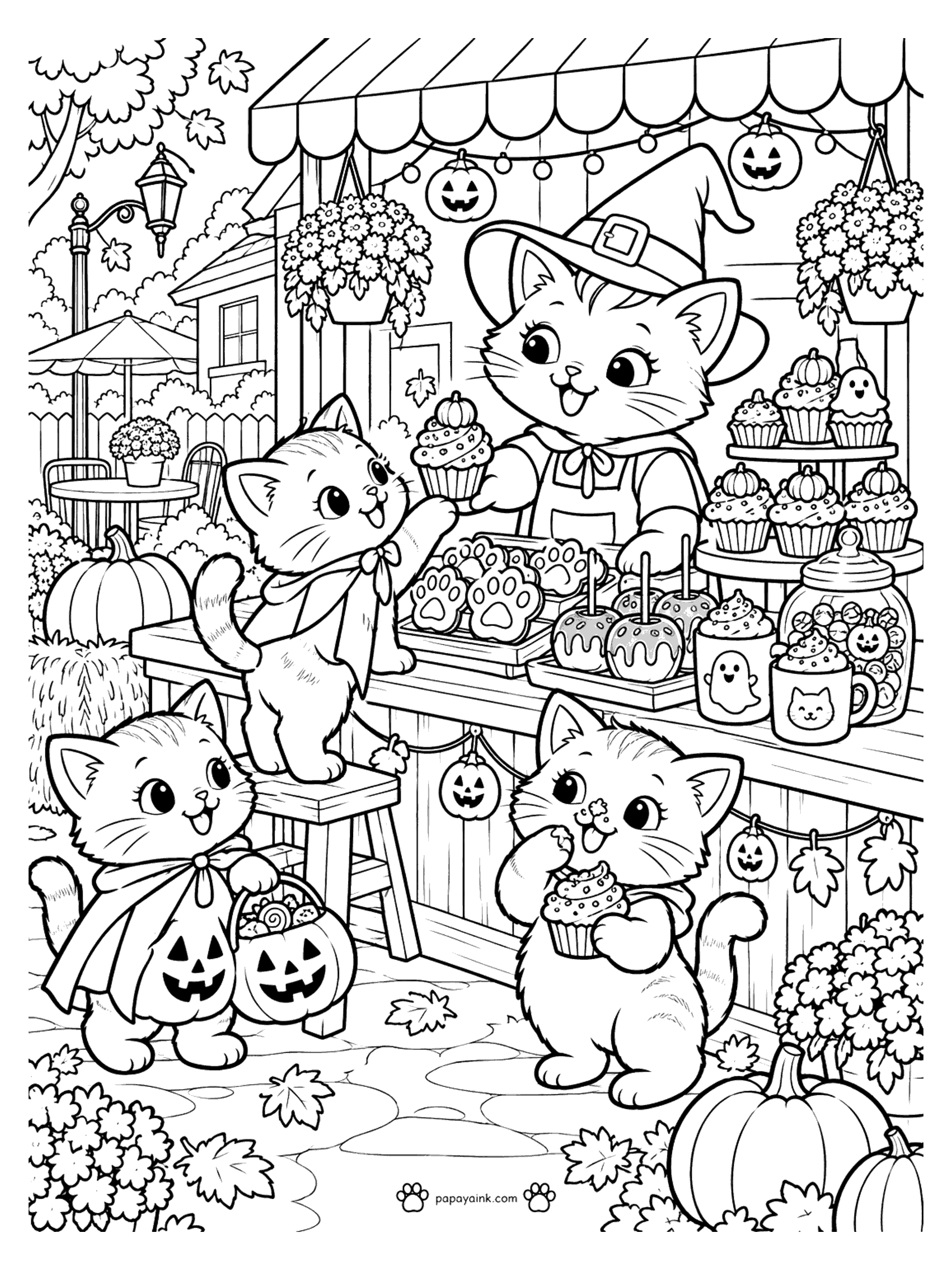 Halloween Cat Coloring Pages - A witch cat running a Halloween bakery stand with cupcakes, paw cookies, and caramel apples for costumed kittens.