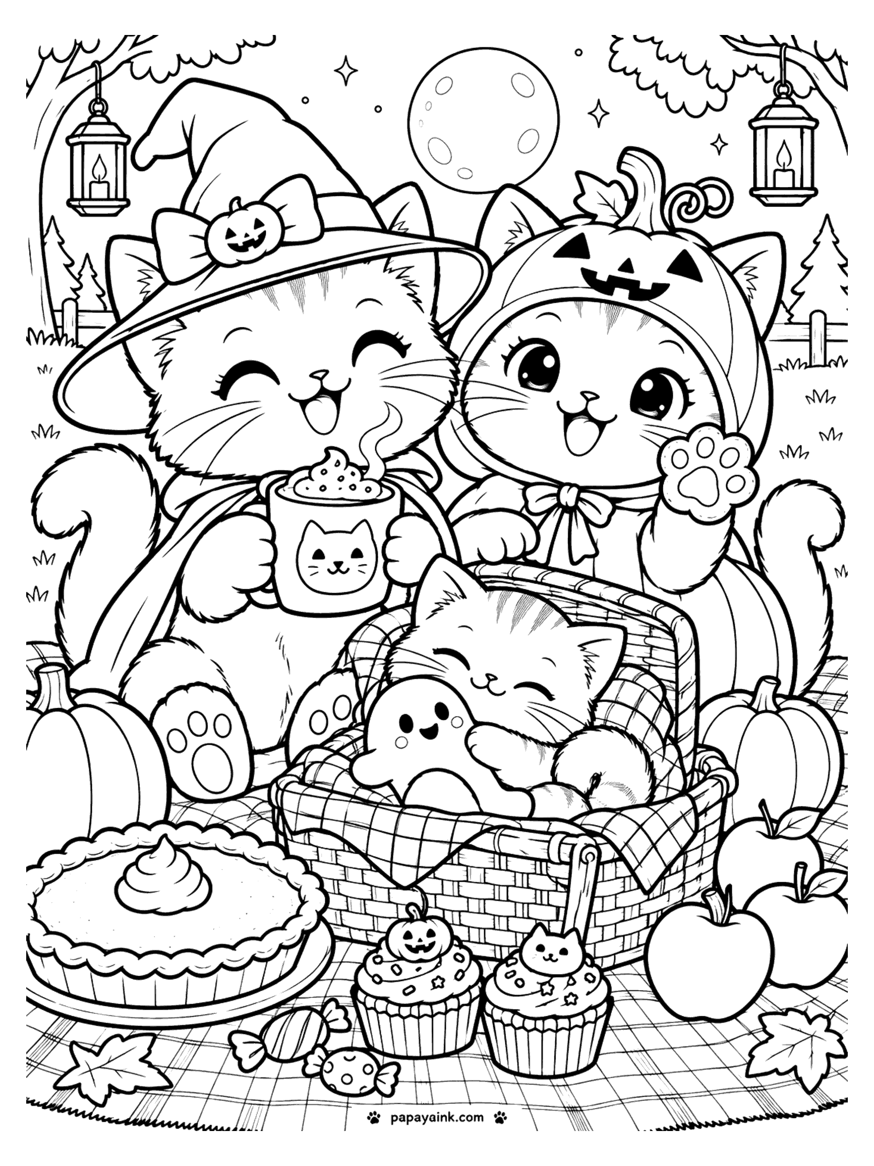 Halloween Cat Coloring Pages - A witch cat sipping cocoa and a pumpkin-hooded friend at a moonlit picnic with pumpkin pie, cupcakes, and a kitten napping in a basket.