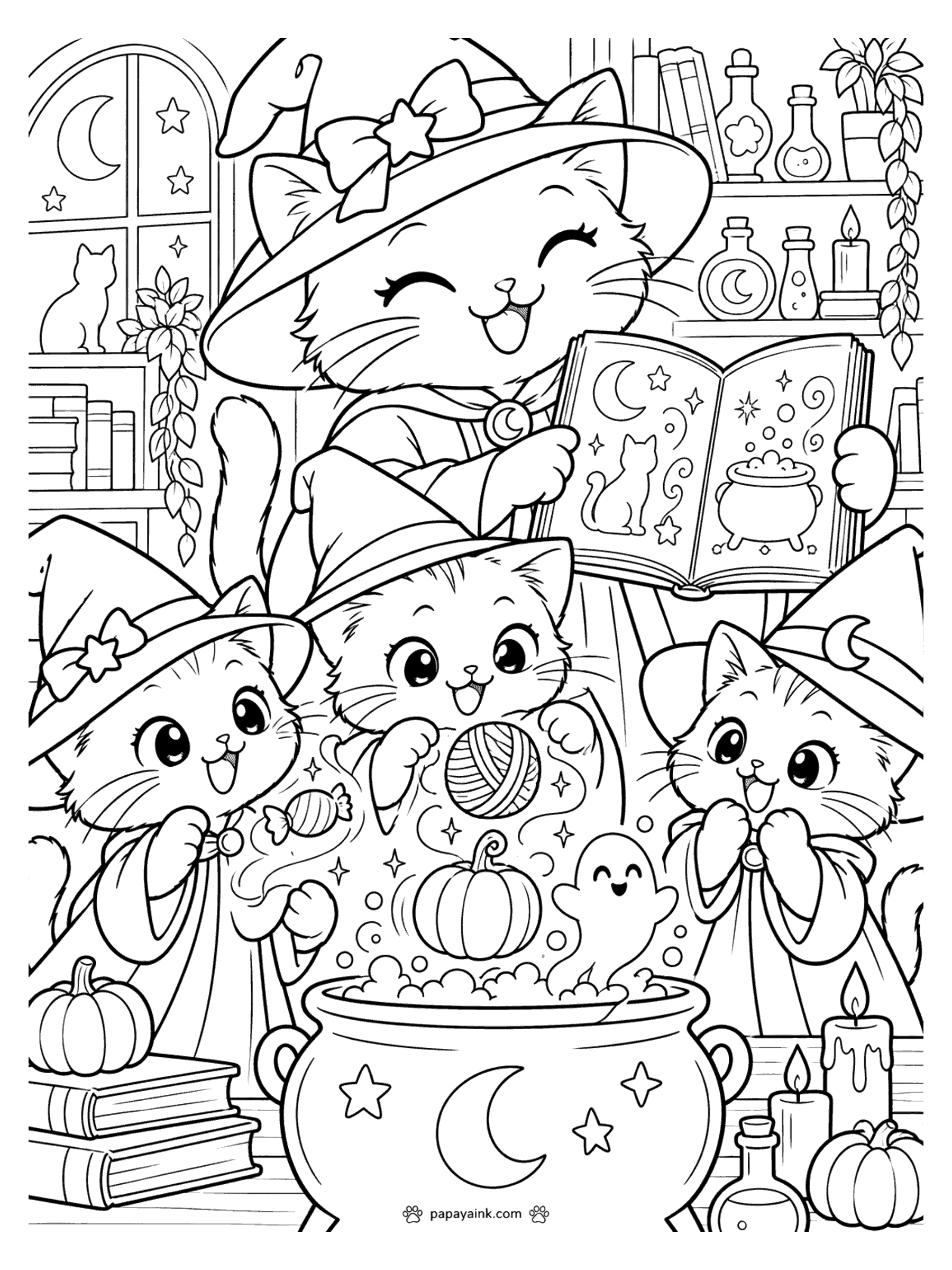 Halloween Cat Coloring Pages - A witch cat reading a spell book while kittens in pointy hats watch a pumpkin, a yarn ball, and a ghost float out of the cauldron. Detailed.