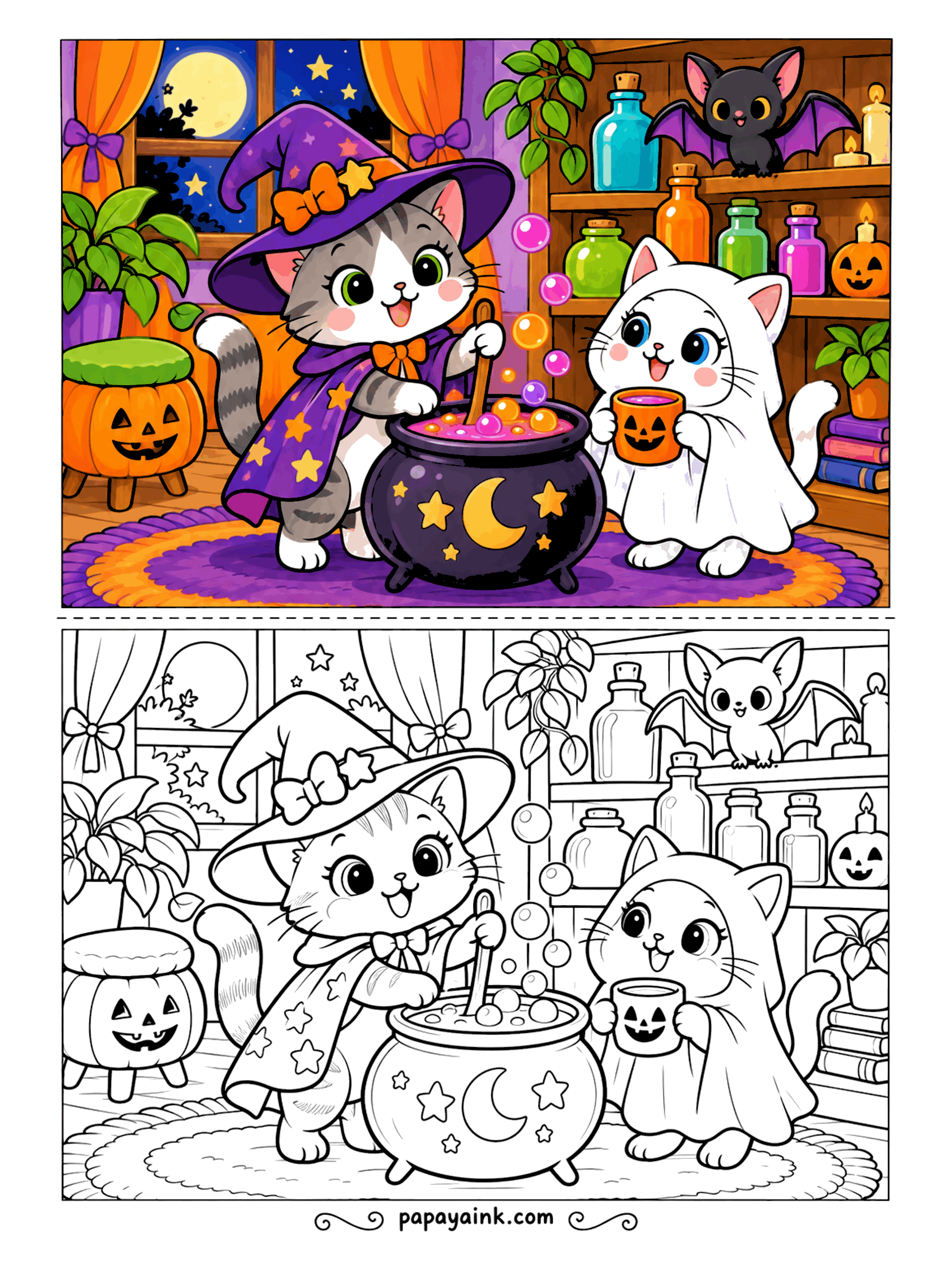 Halloween Cat Coloring Pages - Potion in progress. The witch cat stirs a cauldron painted with stars and a moon, bubbles rising, while a ghost-sheet kitten holds out a pumpkin cup for the first taste. Shelves of bottles behind them - pick a different color for every one.