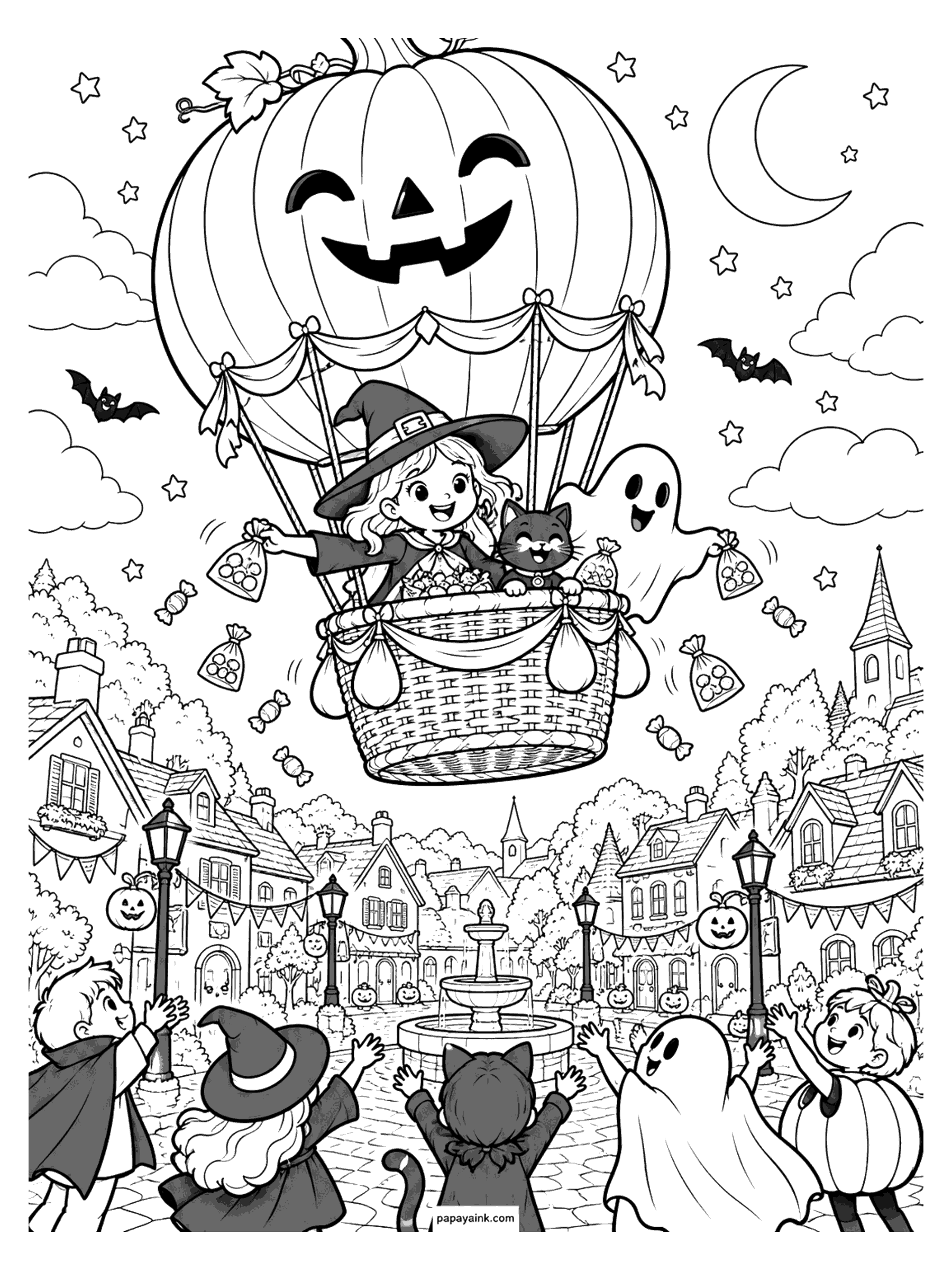 Halloween Coloring Pages - A little witch, a black cat and a ghost toss candy bags from a jack-o-lantern hot air balloon to costumed kids cheering in the village square below. Detailed