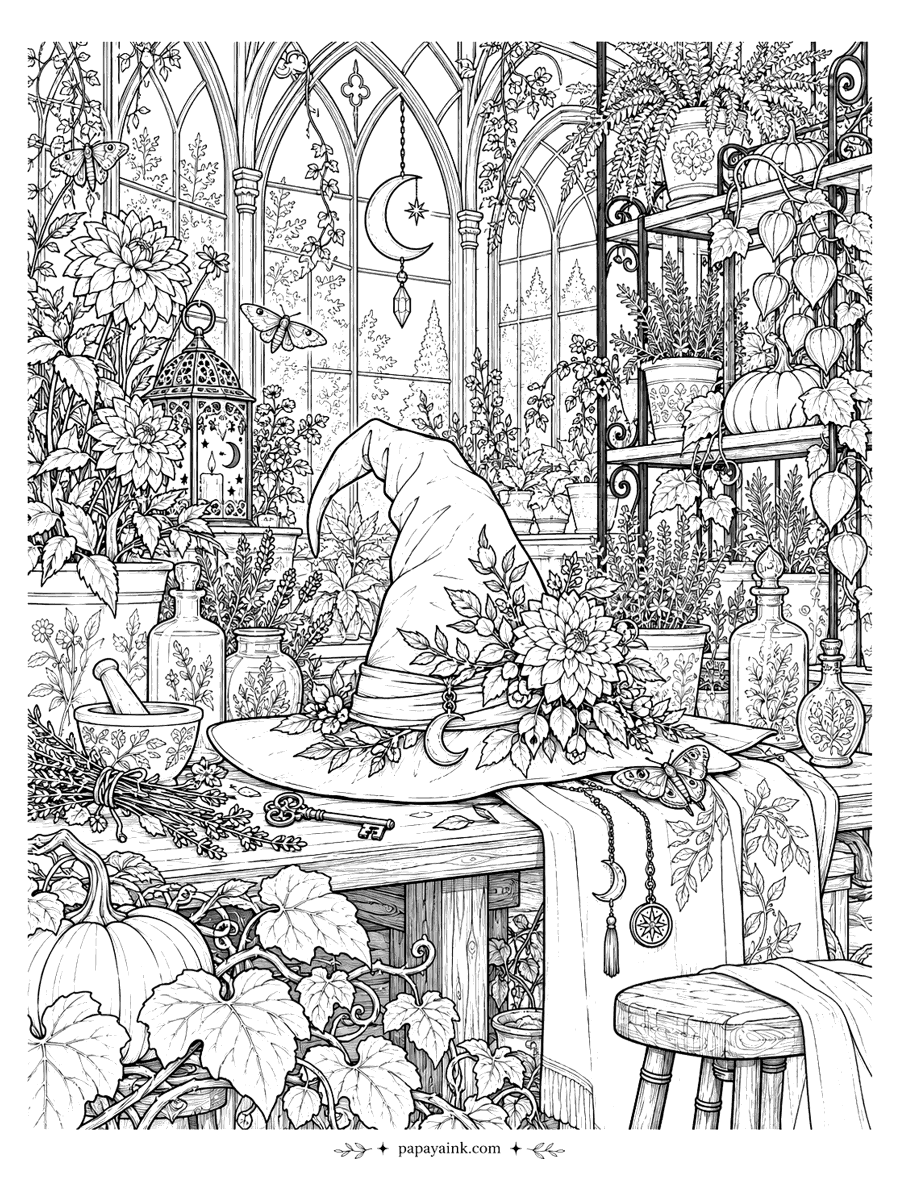 Halloween Coloring Pages for Adults - Witch hat wrapped in leaves and flowers on a wooden table inside a gothic greenhouse, with a lantern, mortar and pestle, potion bottles, and a crescent moon charm (Detailed)
