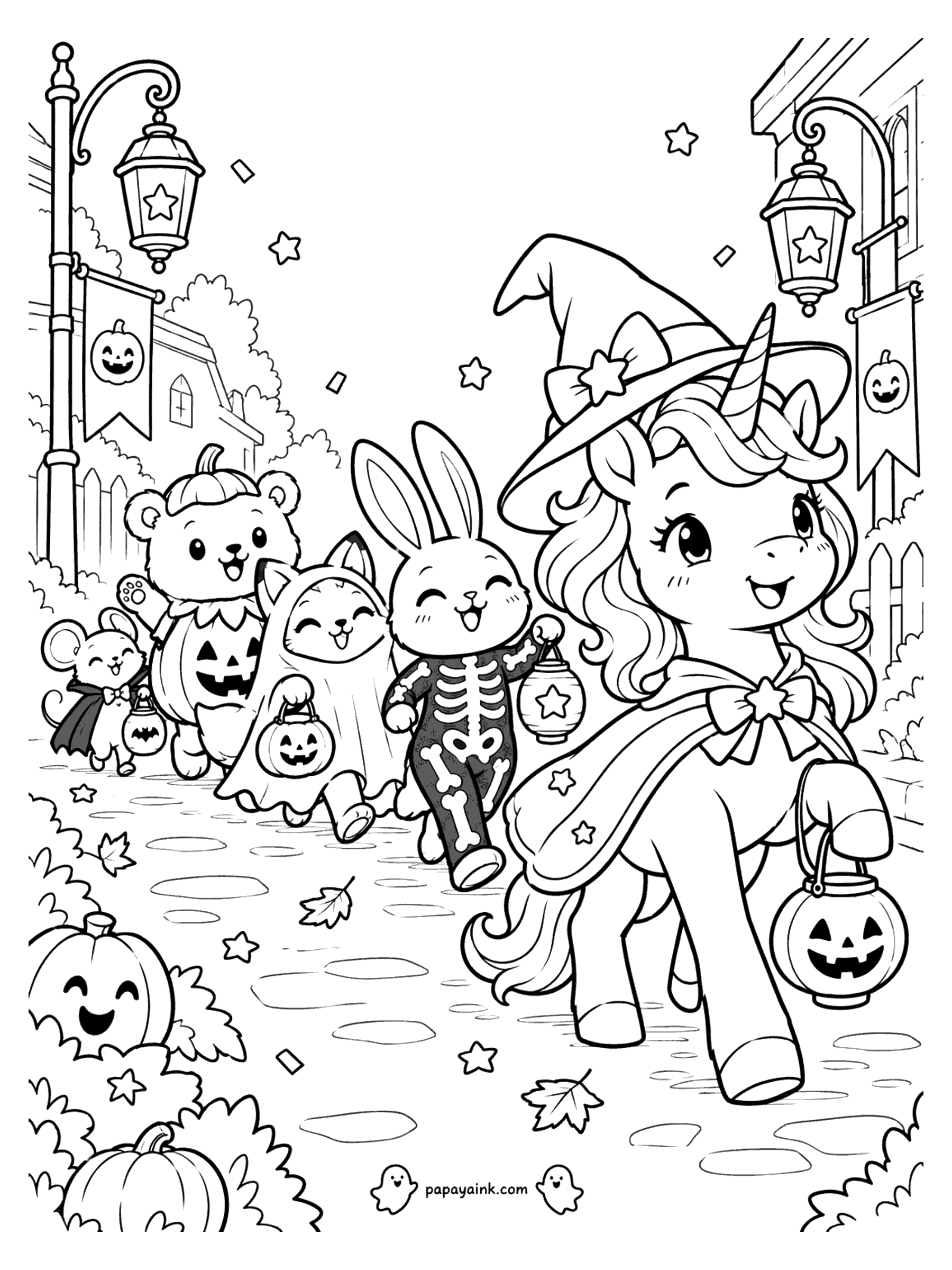 Halloween Unicorn Coloring Pages - Unicorn in a witch hat leading a Halloween costume parade of animal friends down a lantern-lit street.