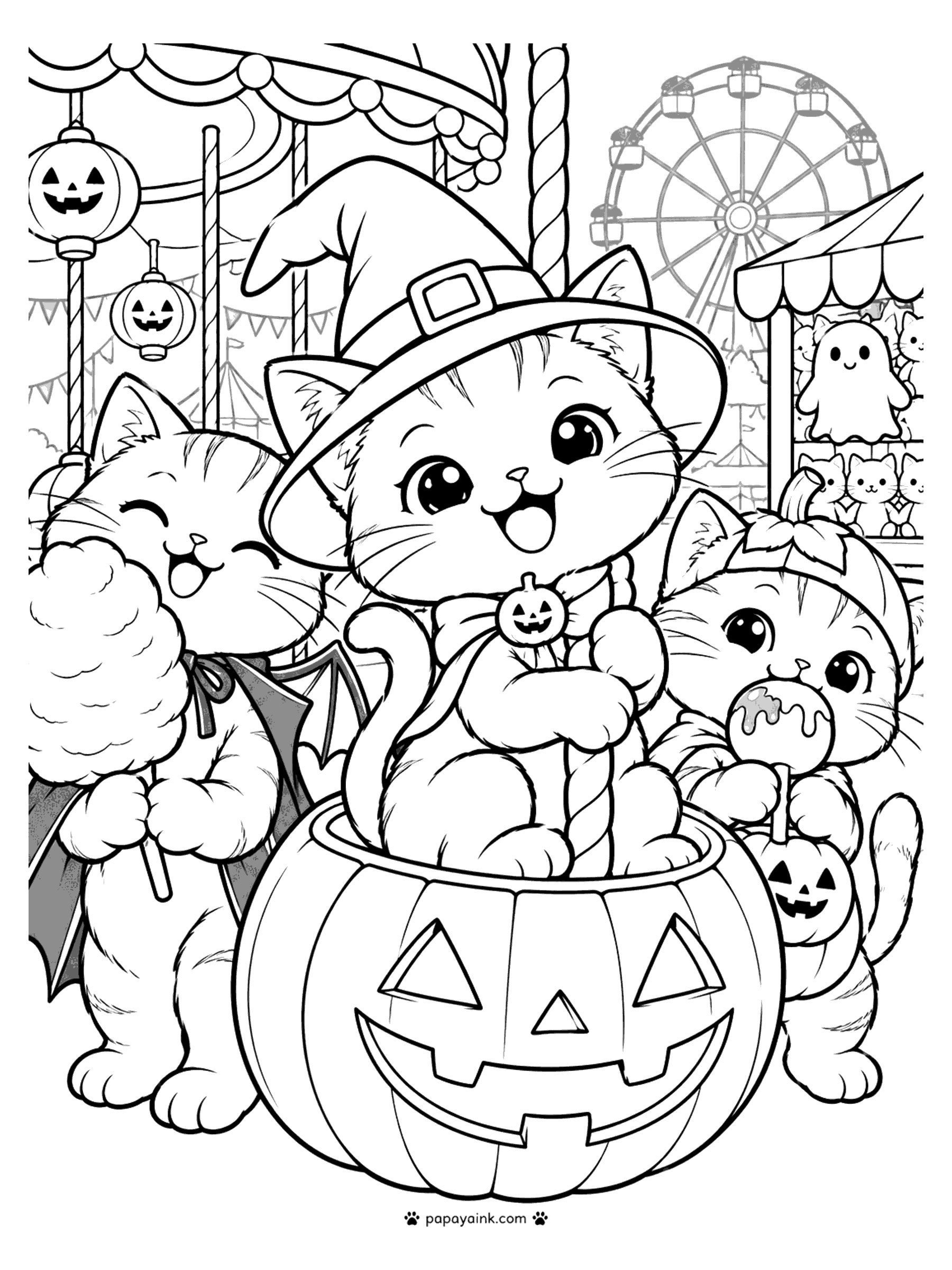 Halloween Cat Coloring Pages - A witch kitten riding a pumpkin at the Halloween fair, flanked by friends with cotton candy and a caramel apple, Ferris wheel behind.