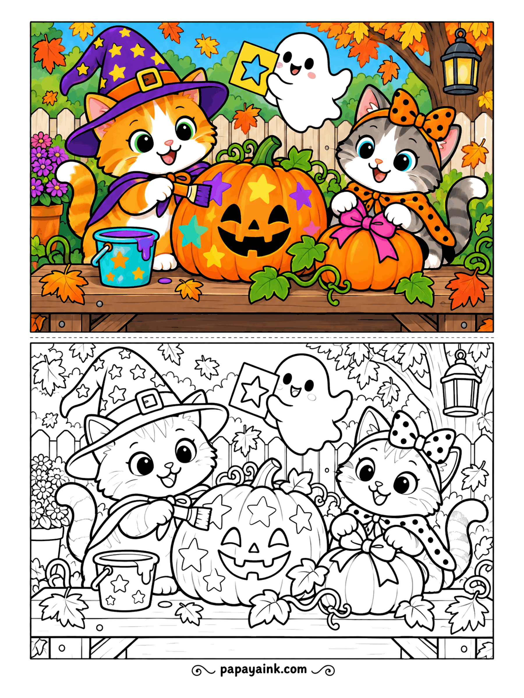 Halloween Cat Coloring Pages - Stars go on with a brush, not a knife. The witch kitten paints purple and teal stars on a grinning pumpkin while her friend in the polka-dot bow ties a ribbon on the small one. A ghost drifts by to approve.