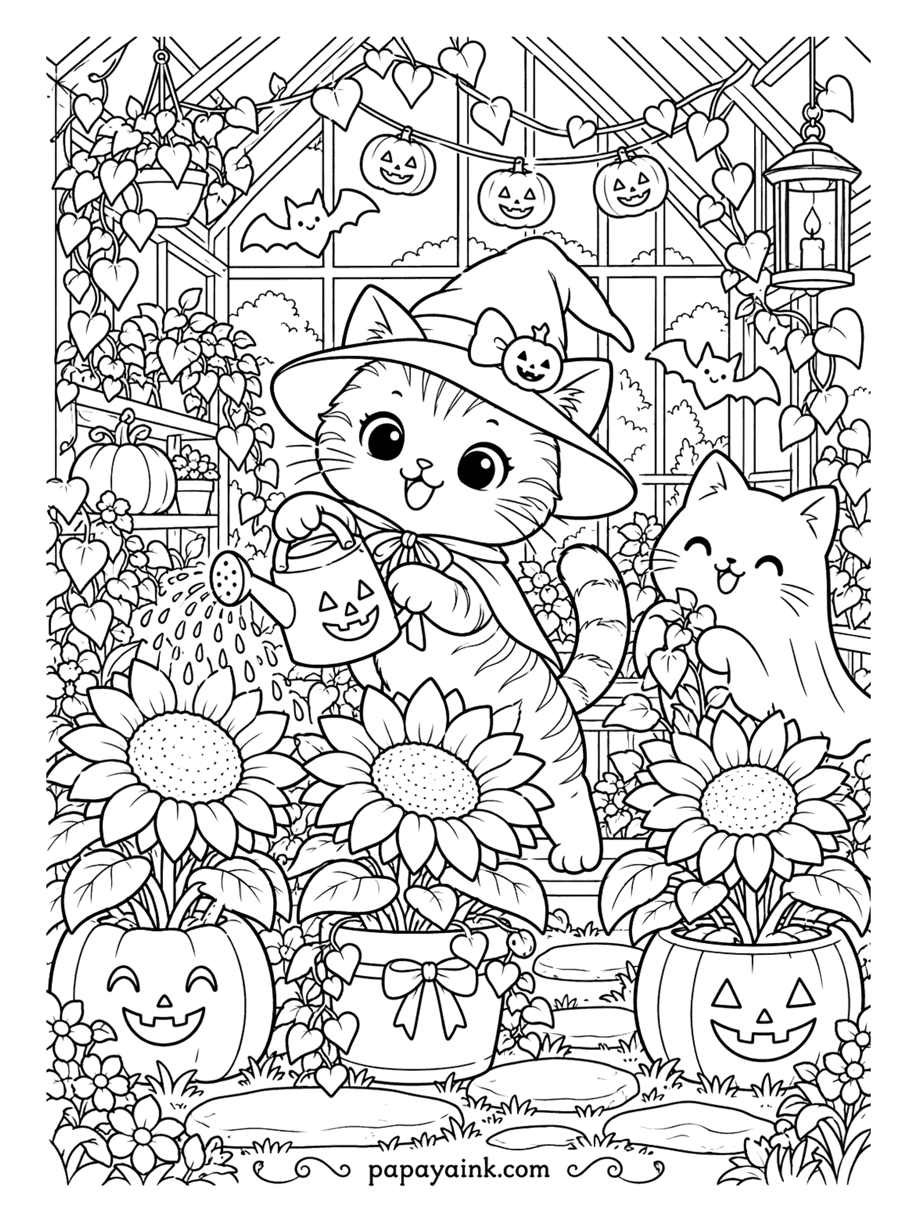 Halloween Cat Coloring Pages - Sunflowers need water even in October. The witch kitten tips a jack-o-lantern watering can over three big blooms in a greenhouse hung with pumpkin lanterns, and a ghost admires from behind the pots. Detailed - leaves, vines and glass panes.