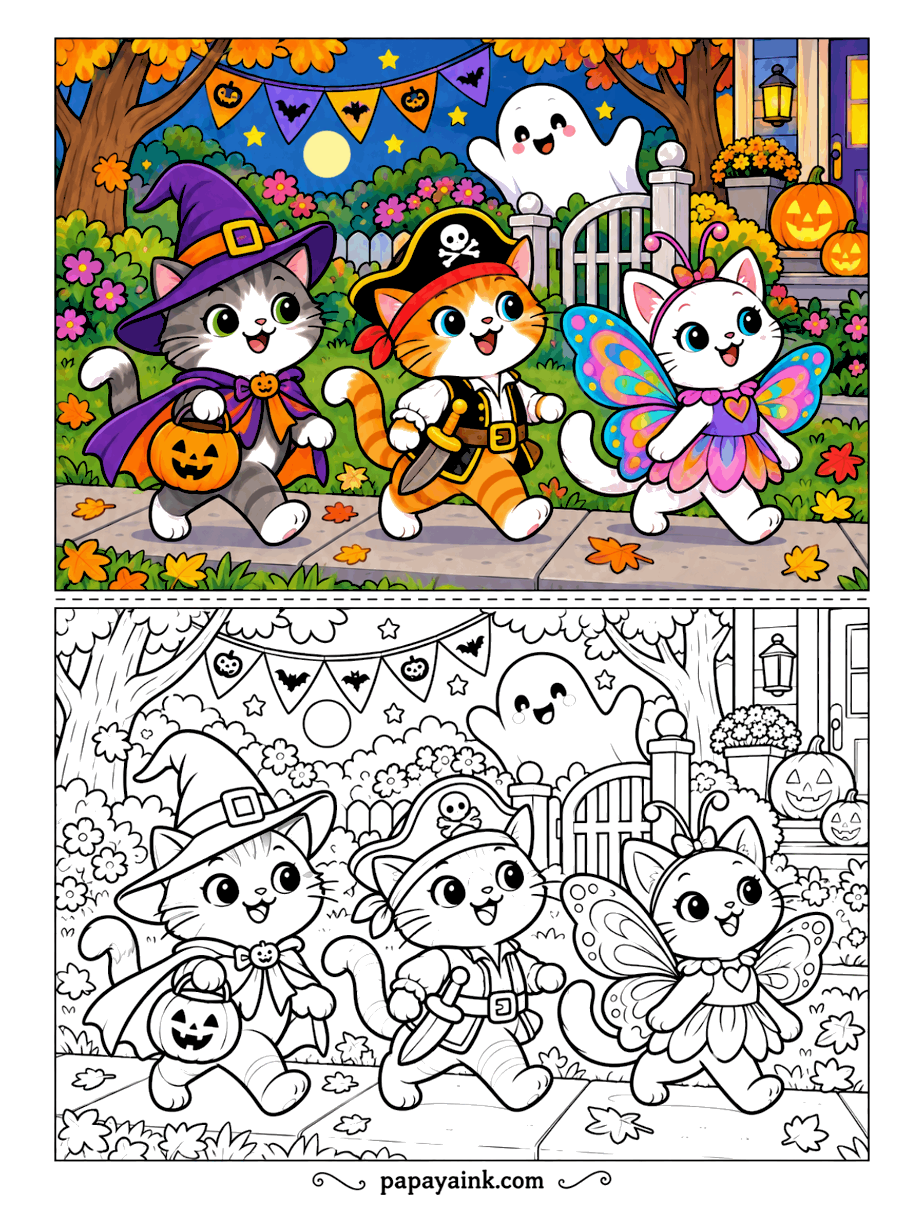 Halloween Cat Coloring Pages - Witch, pirate, butterfly fairy: three kittens on parade along the sidewalk under a string of pumpkin bunting. The pirate has a skull hat and a tiny sword, the fairy has rainbow wings. Give each costume its own color and leave the leaves for last.