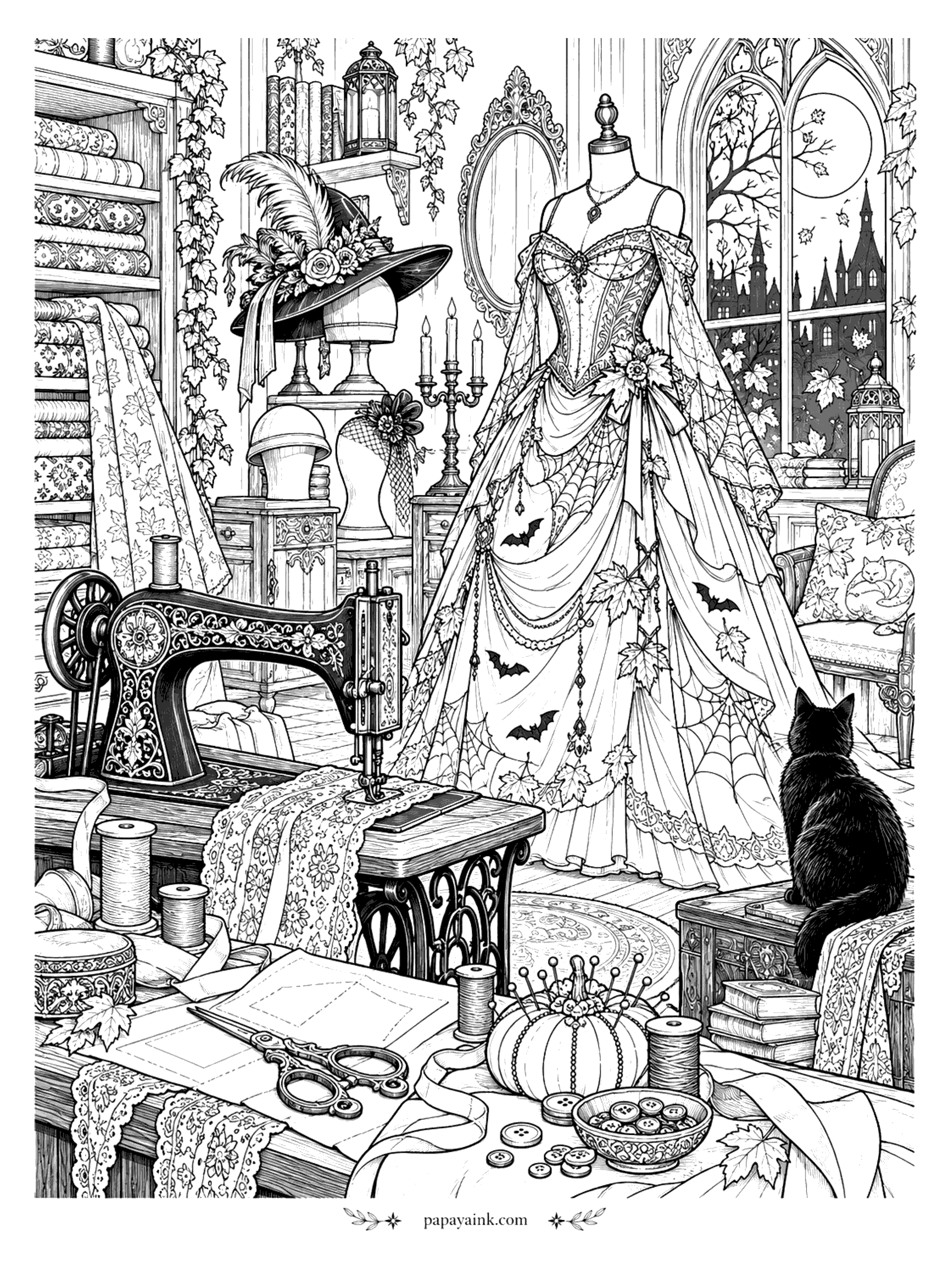 Halloween Coloring Pages for Adults - Witch's sewing studio with a spiderweb ball gown on a dress form, a vintage sewing machine, a plumed witch hat, lace, buttons, and a black cat (Detailed)