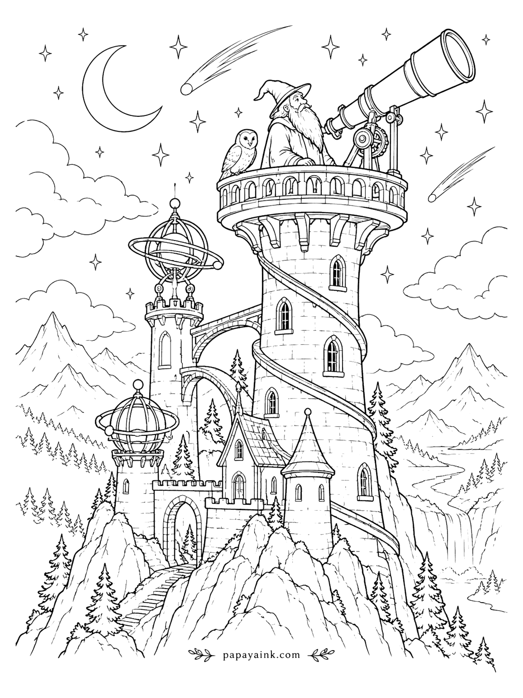 Castle Coloring Pages - Wizard and his owl stargazing through a telescope from a tall tower under the crescent moon and shooting stars