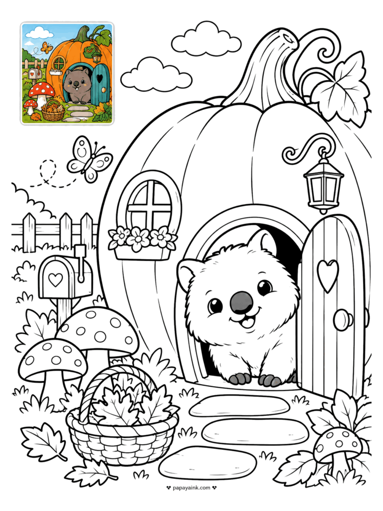 Color Guide Coloring Pages - Color guide coloring page of a wombat peeking out of a pumpkin house, with mushrooms, a mailbox and a leaf basket (Detailed)