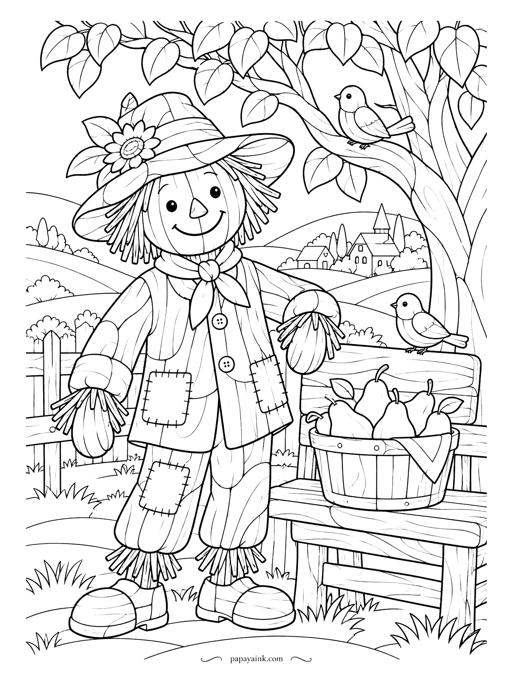 Scarecrow Coloring Pages - Wood grain runs through his coat, his trousers and the bench he leans on. The scarecrow stands beside a bucket of pears while a bird keeps him company and a village with a church steeple sits on the hill.