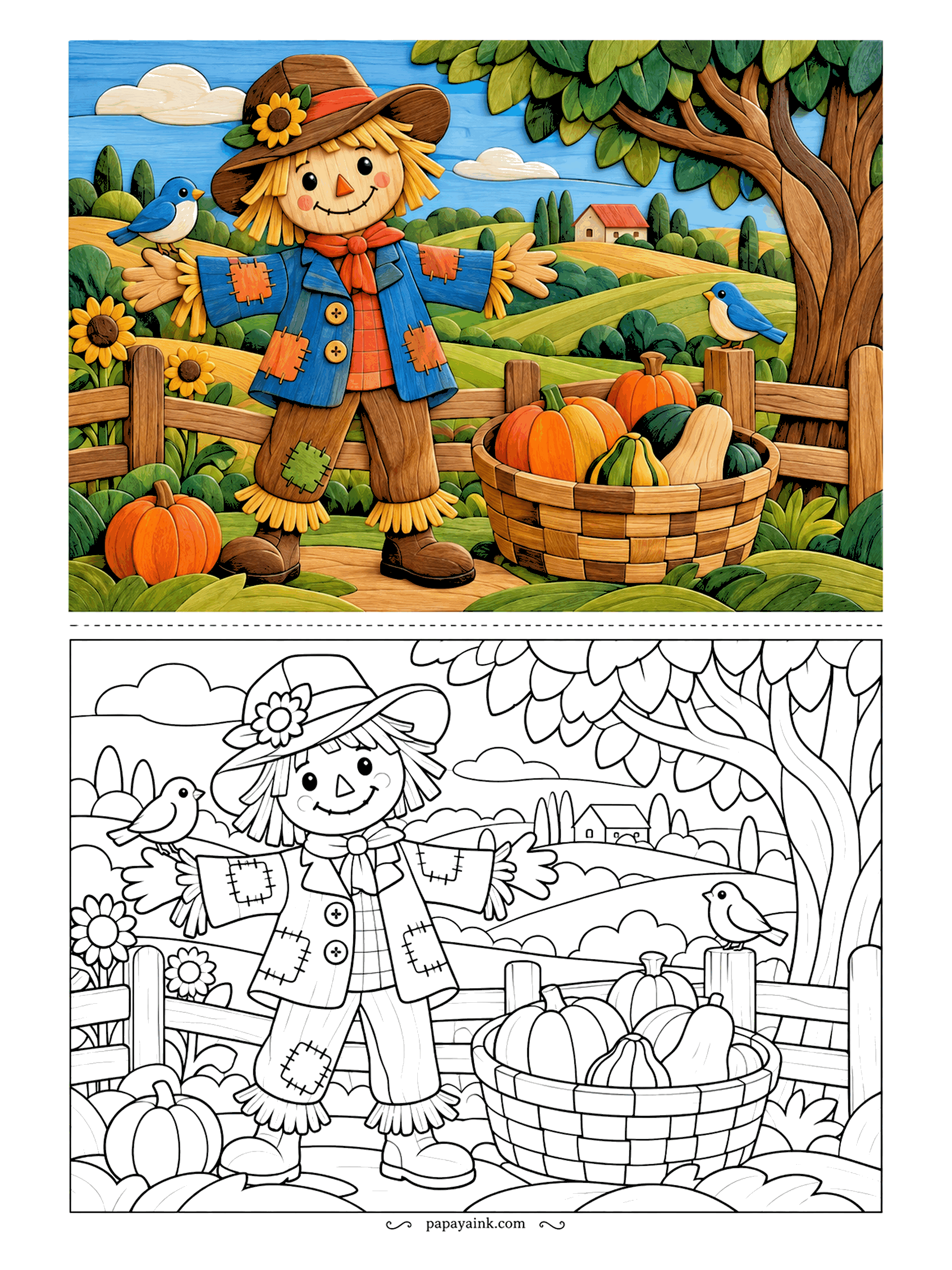 Scarecrow Coloring Pages - Nobody painted this scarecrow; he was pieced together from wood veneers, grain and all. He wears a blue patched coat under a broad tree, with a bluebird on his glove, another on the fence post and a basket of squash nearby. Wood-tone pencils suit it.