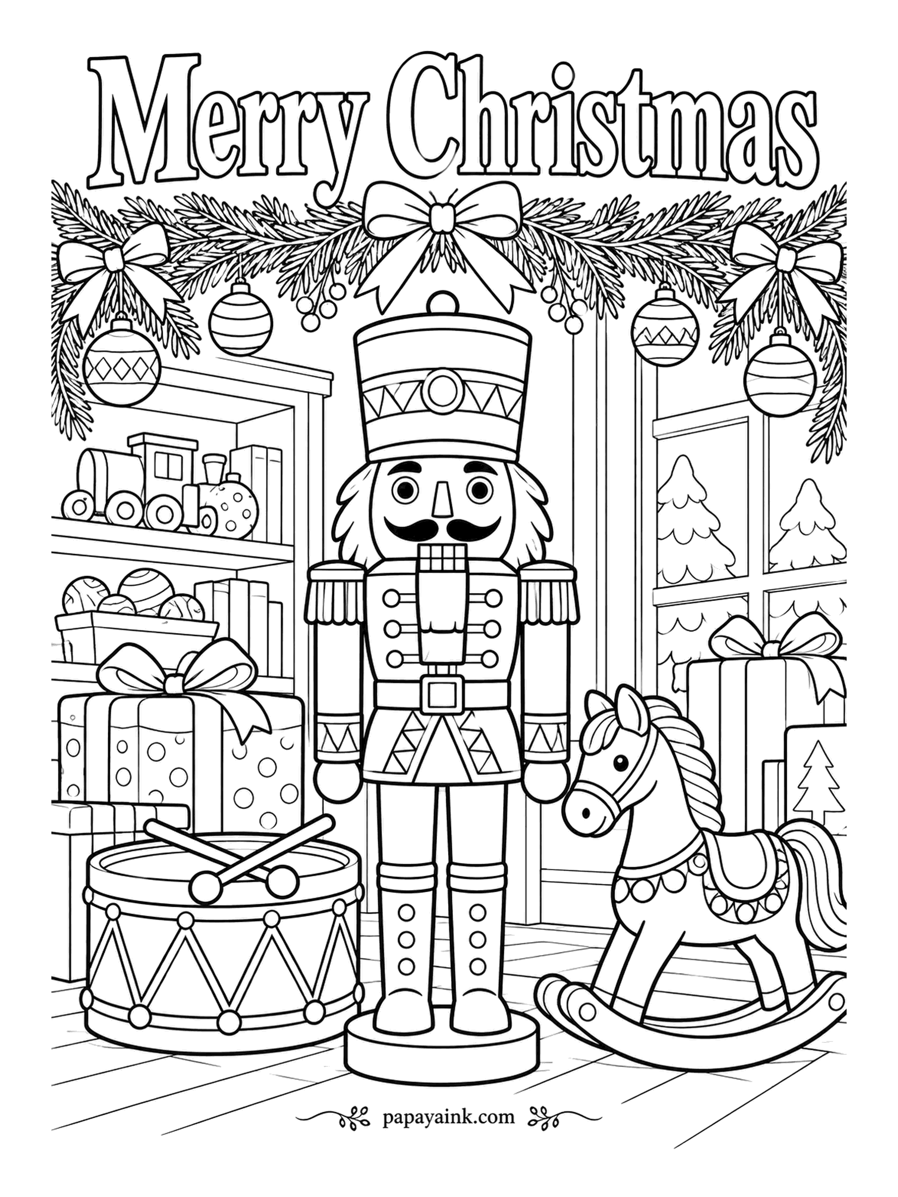 Merry Christmas Coloring Pages - On guard in the toy shop, mustache waxed, with a drum on one side and a rocking horse on the other. A train sits on the shelf behind. Epaulettes and trim in gold, coat in whatever color you like best.
