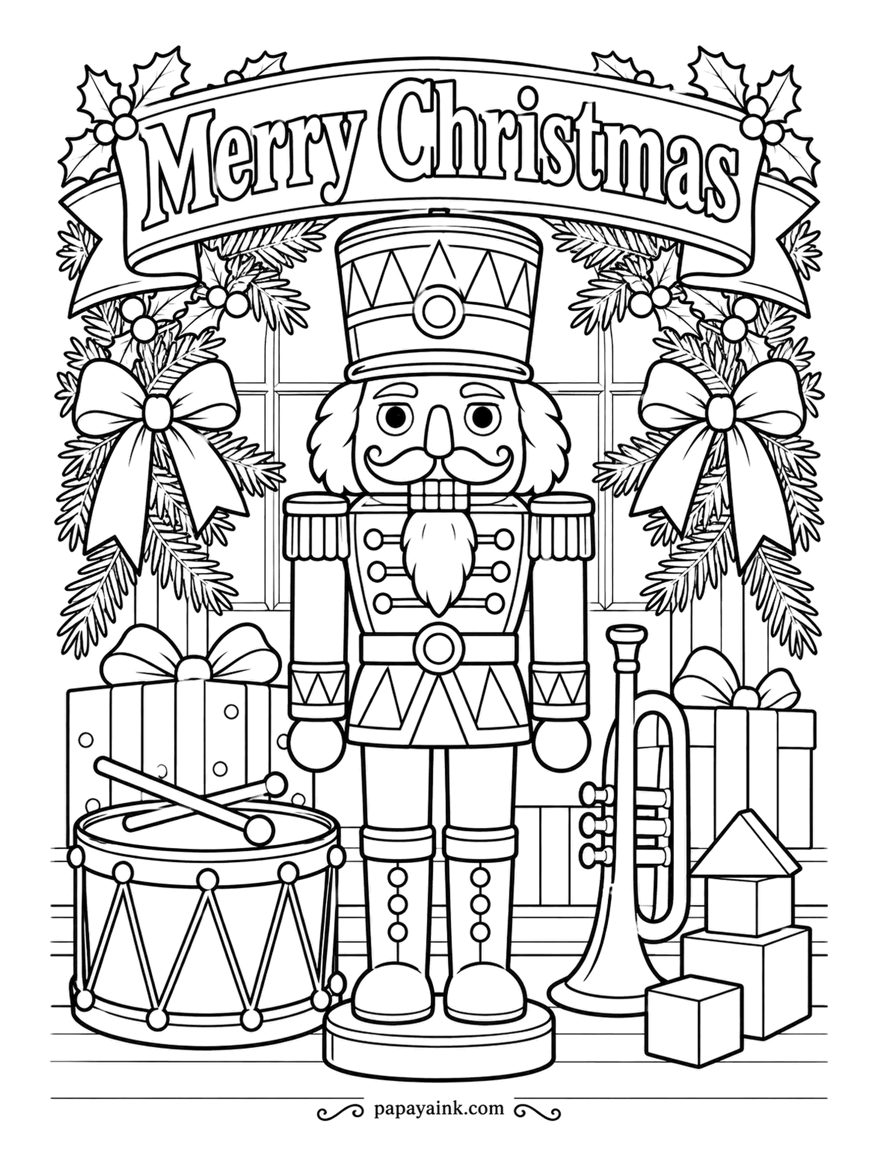 Merry Christmas Coloring Pages - Standing at attention between a drum and a trumpet, the nutcracker takes his post seriously. Uniform trim, zigzags and buttons leave room for a bold palette - pick three colors and repeat them from hat to boots.