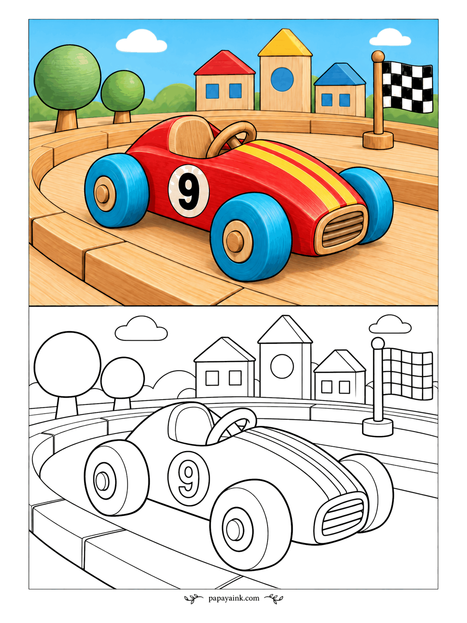 Race Car Coloring Pages - Every race car collection needs one that rolls on wooden wheels. A red toy racer rounds a wooden track past block houses and lollipop trees. The simplest page here - big shapes for small hands.