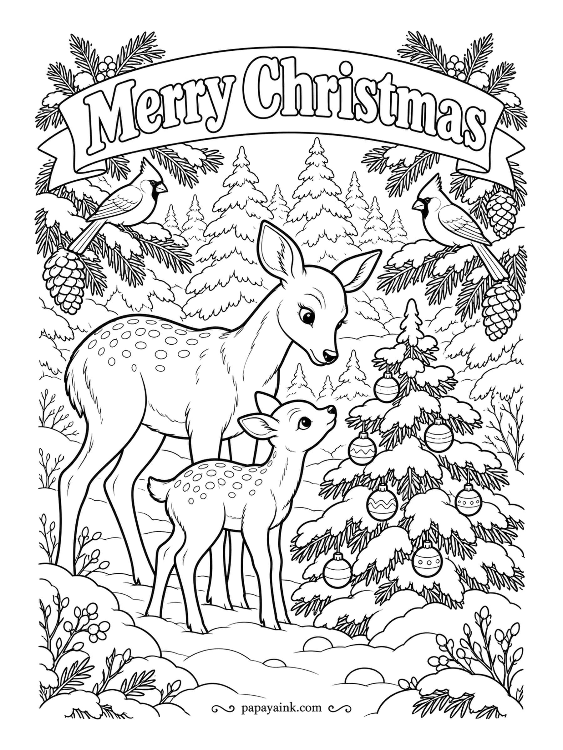 Merry Christmas Coloring Pages - A doe and her fawn stop at a tree somebody decorated in the middle of the woods. Two cardinals watch from the pine branches. Detailed - the cardinals are the one spot for strong red; the deer stay in soft browns.