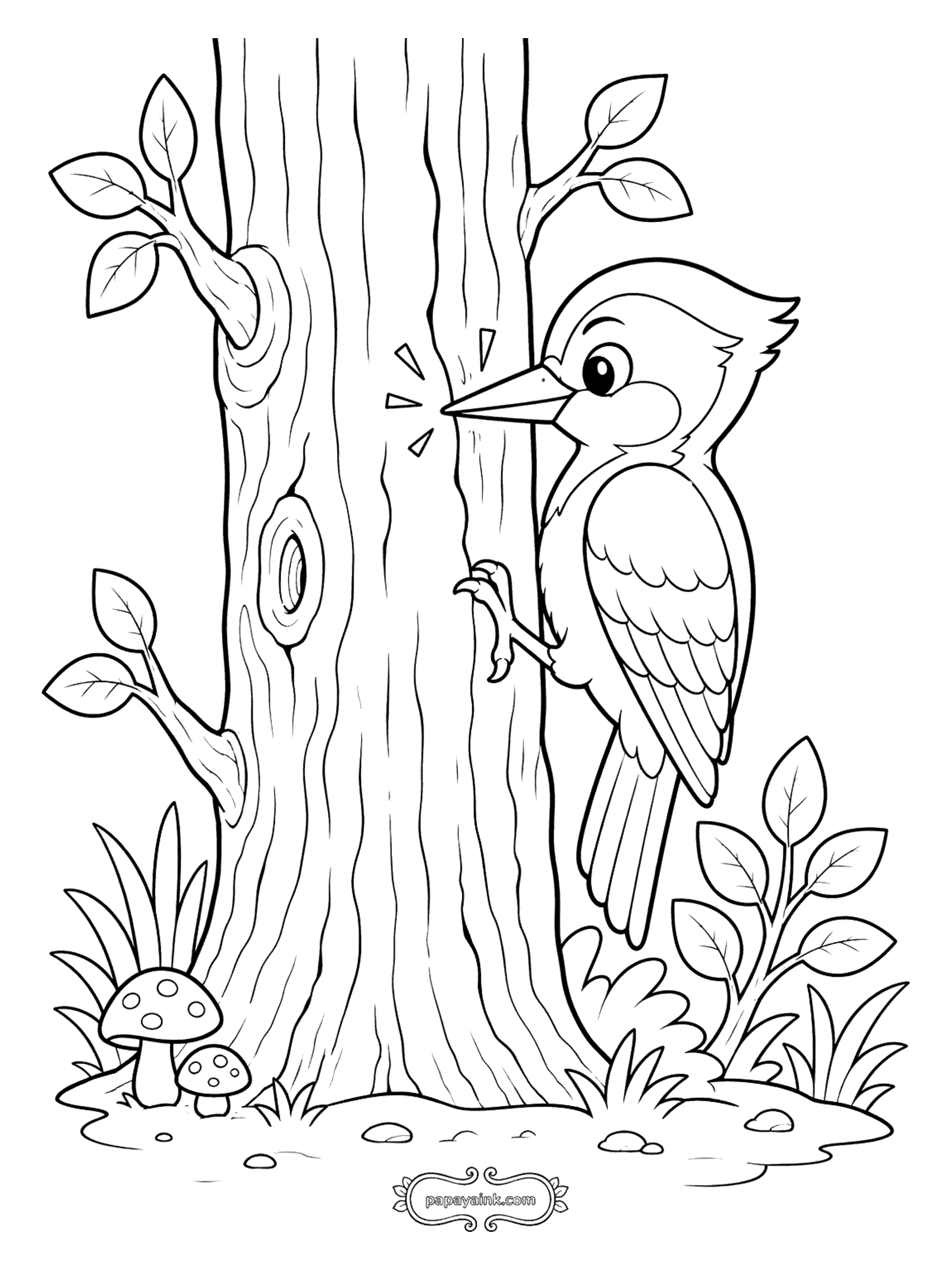 Bird Coloring Pages - Woodpecker Tapping on a Tree