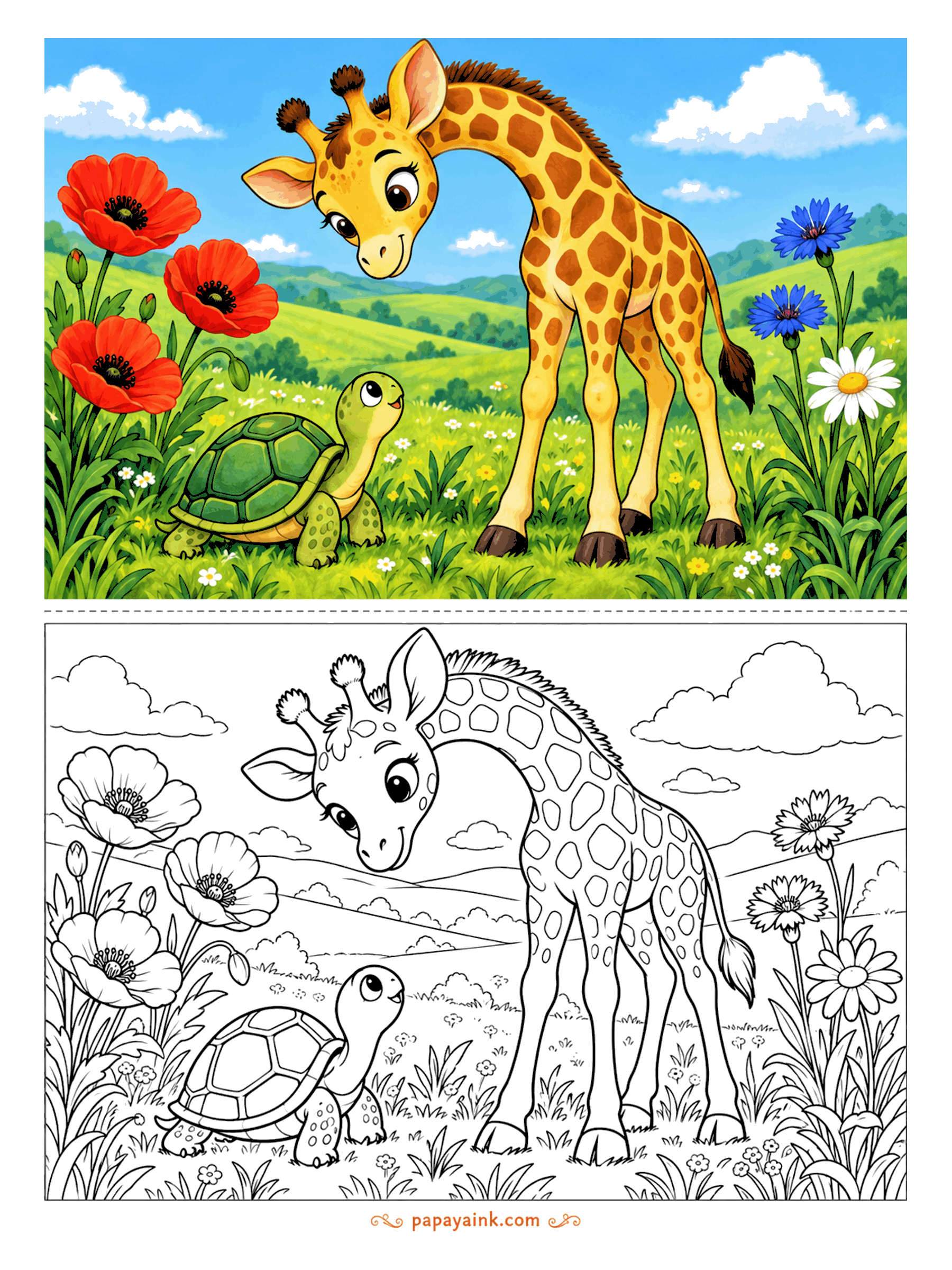 Giraffe Coloring Pages - Poppies, cornflowers and one very slow neighbor: a young giraffe lowers its head to say hello to a smiling turtle in a hillside meadow.