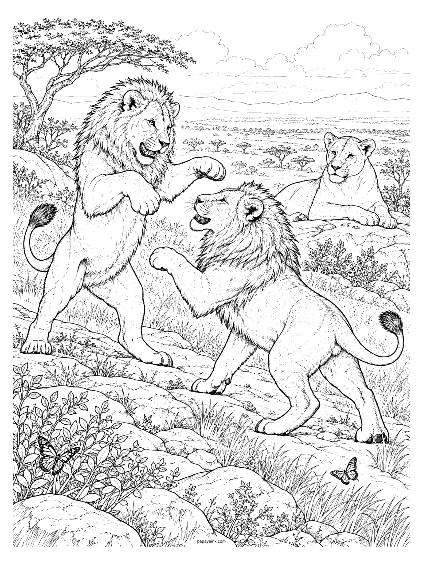 Lion Coloring Pages - Two young male lions play fighting on a rocky slope, one reared up on his hind legs, while a lioness watches and butterflies drift past (Detailed)
