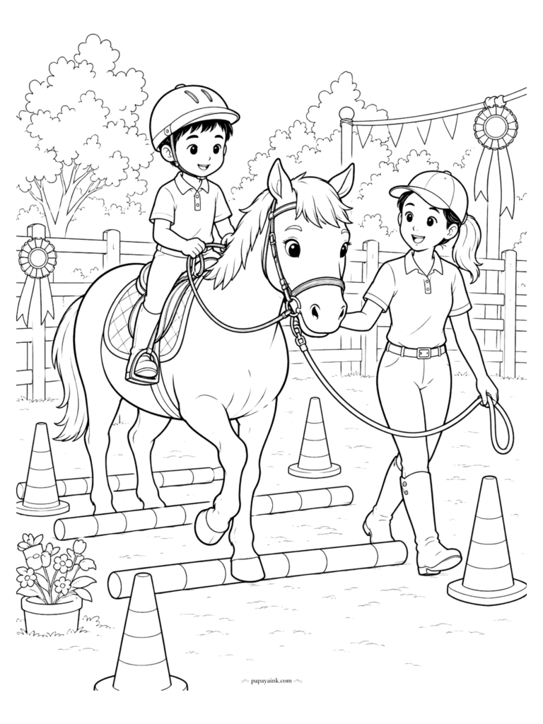 Horse Coloring Pages - A young rider in a helmet takes his pony over ground poles while an instructor leads the way, with cones, ribbons and bunting around the arena.
