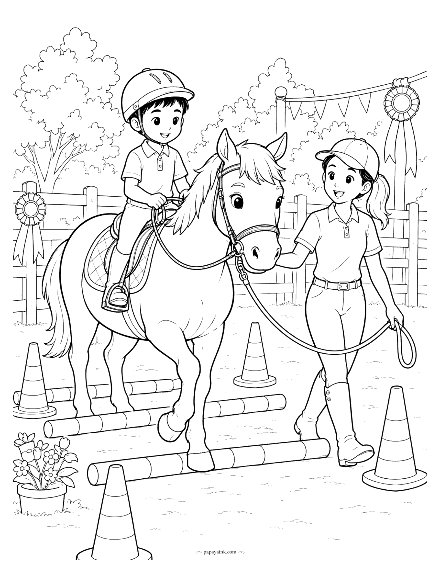 Horse Coloring Pages - A young rider in a helmet takes his pony over ground poles while an instructor leads the way, with cones, ribbons and bunting around the arena.