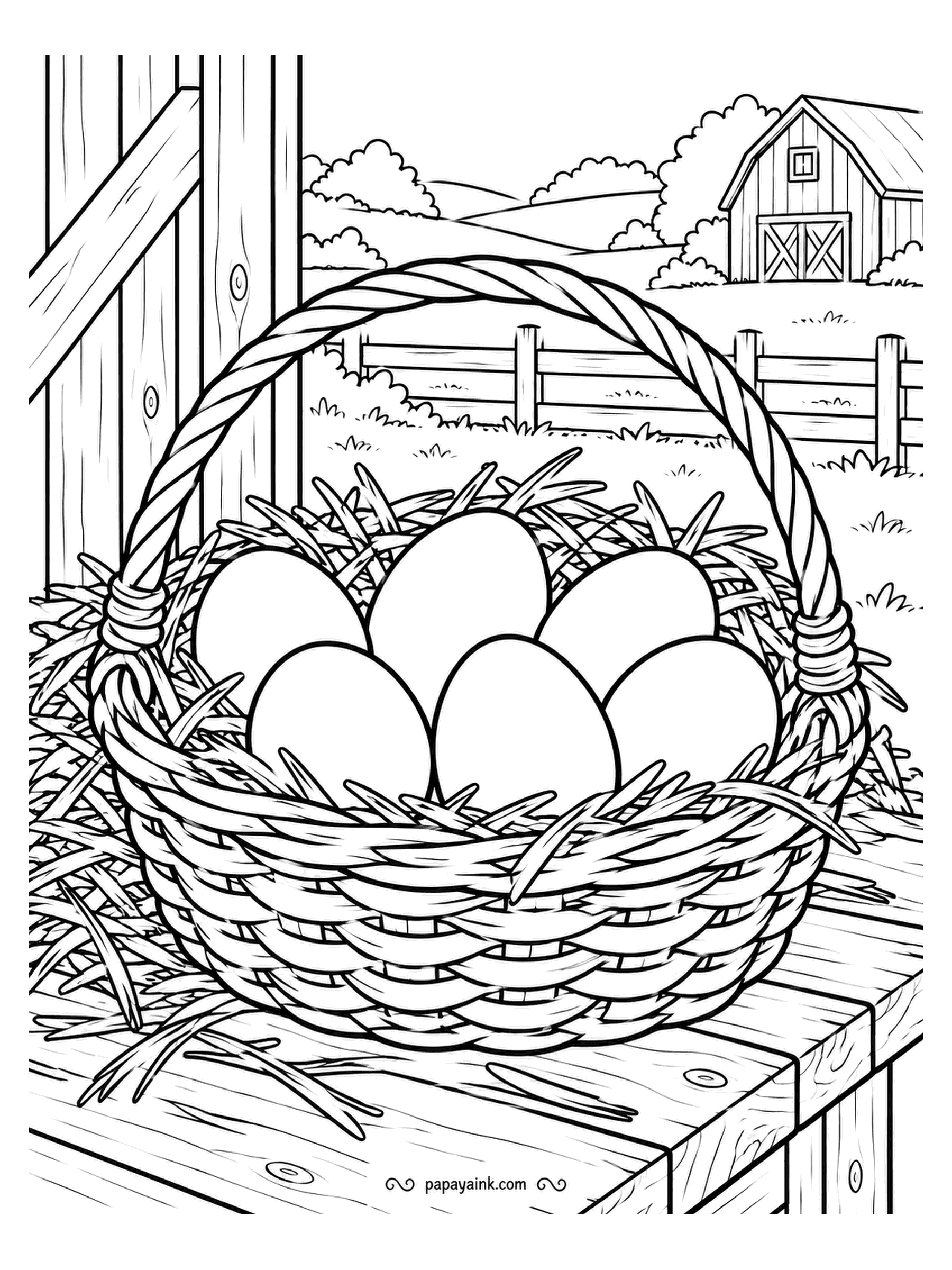 Farm Coloring Pages - Basket of six eggs nested in straw on a plank table, the fence and fields seen through the open door. Nothing moves in this picture, which is its charm. Brown, cream and a speckled one or two; the straw in two yellows.