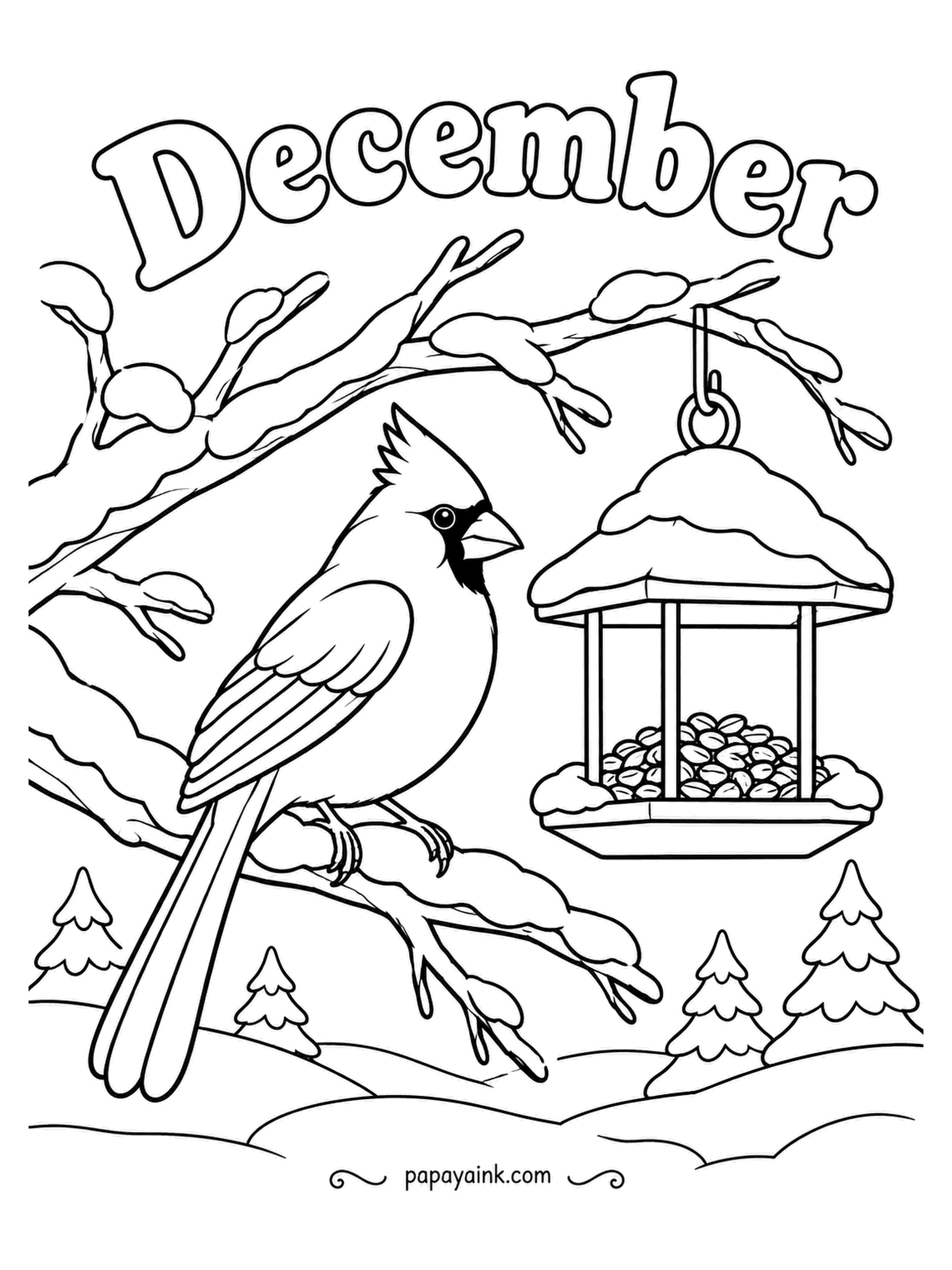 December Coloring Pages - This northern cardinal has his crest up beside a feeder full of seed, under the word December. The male is bright red all over with a black mask around the beak; the female would be warm brown with red highlights. Pick one and commit.