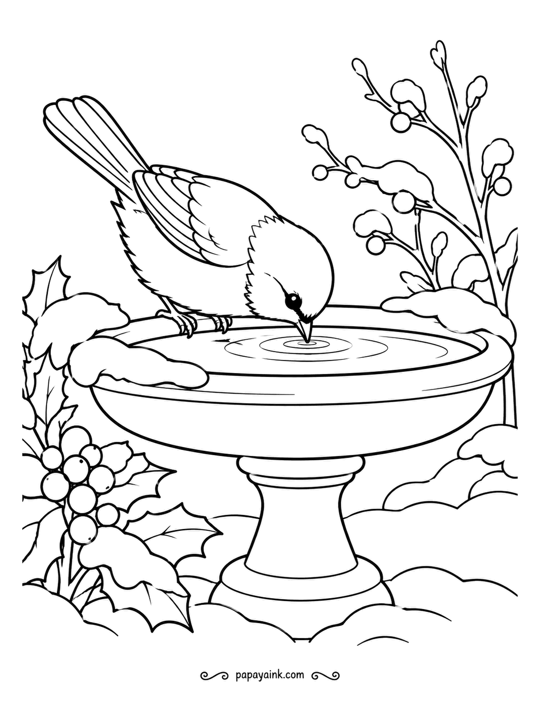 December Coloring Pages - One black-capped chickadee leans into a birdbath that someone has kept from freezing, with holly and a snowy twig beside it. Black cap and bib, white cheeks, gray back and buff flanks. The ring where the beak touches is the only movement on the page.