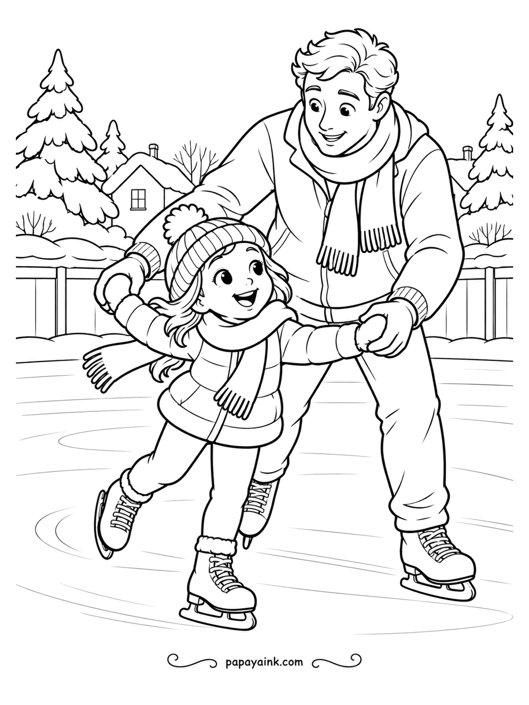 December Coloring Pages - Skating lessons go better with someone to hold on to. The parent has both her hands, the girl has one foot in the air, and the circles scratched into the ice count the loops so far. Cool grays for the ice, warm for the coats.