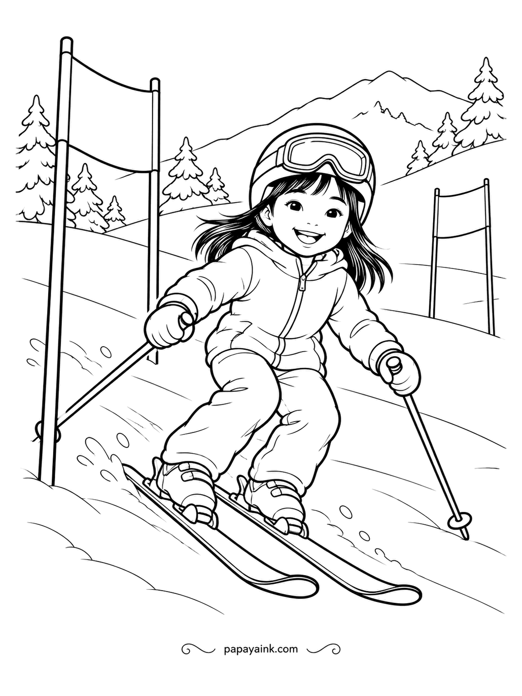 December Coloring Pages - The first proper ski run of the winter, between wide training poles on a hill gentle enough to grin the whole way. The goggles are pushed up on the helmet, which means the sun is out. Mountains behind want only a pale wash.