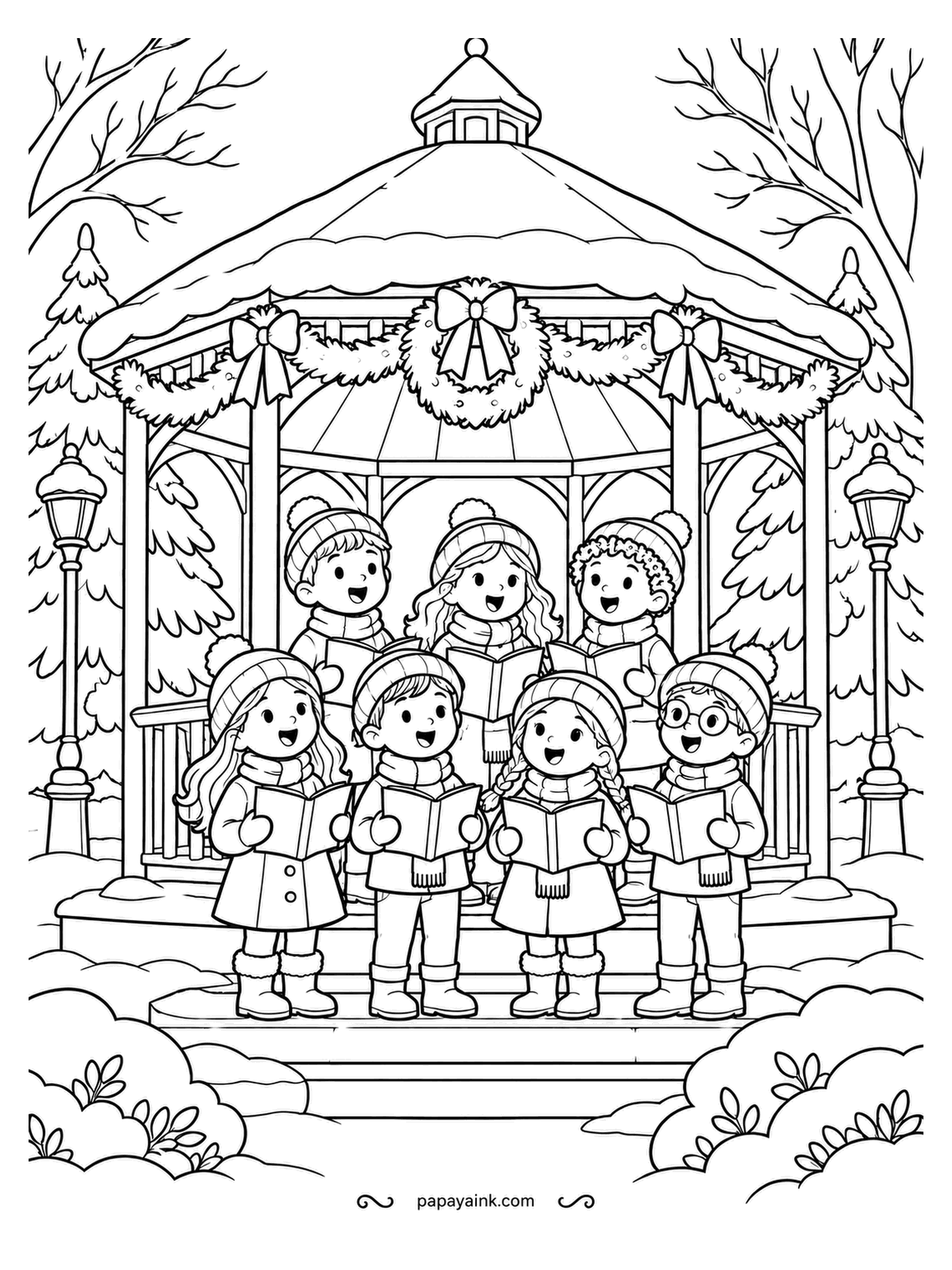 December Coloring Pages - Eight small singers in two rows under a park gazebo wrapped in garland and bows, songbooks open, lamp posts glowing on both sides. Every coat its own hue; the gazebo stays white so the garland reads.