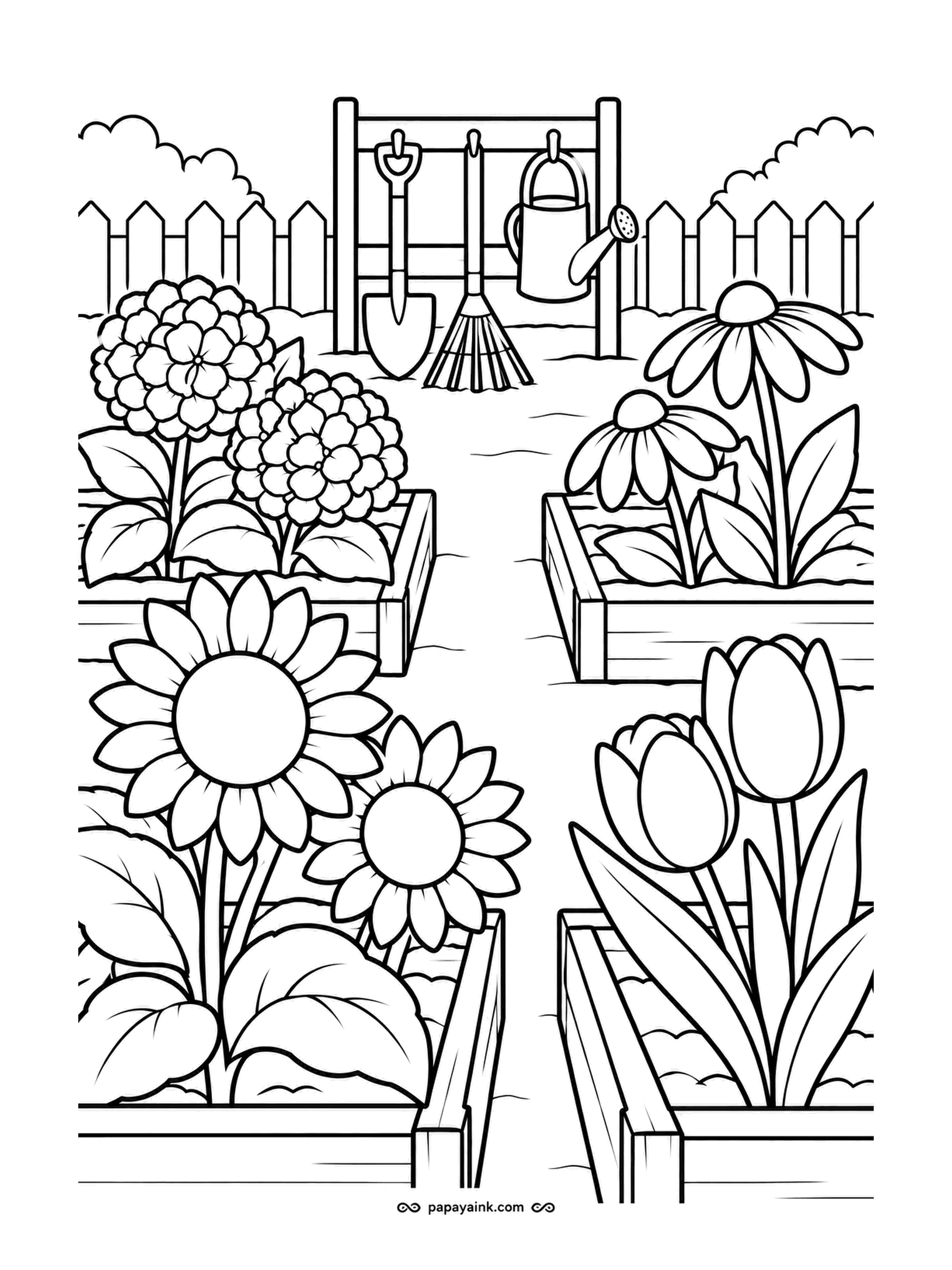 Garden Coloring Pages - Plot by plot: hydrangeas here, coneflowers there, sunflowers and tulips in the front boxes, and a shared rack of spade, rake and watering can against the fence. A different lead shade in every plot shows who grows what.