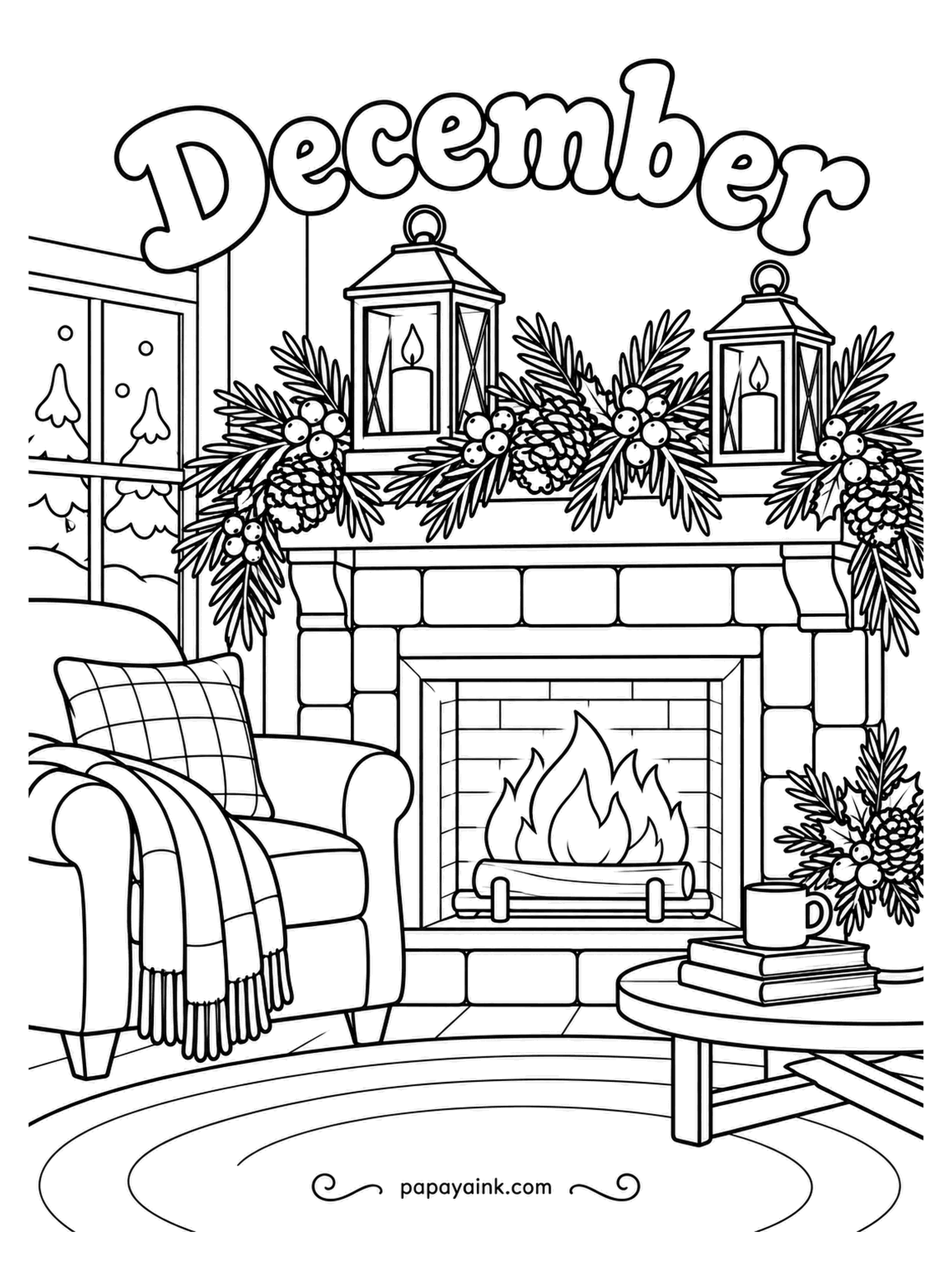 December Coloring Pages - No people in this one, just the room waiting for them: a stone fireplace, two lanterns on the mantel, pine branches with cones, and an armchair with a plaid throw. The word December sits above it all. Detailed - brickwork and needles.