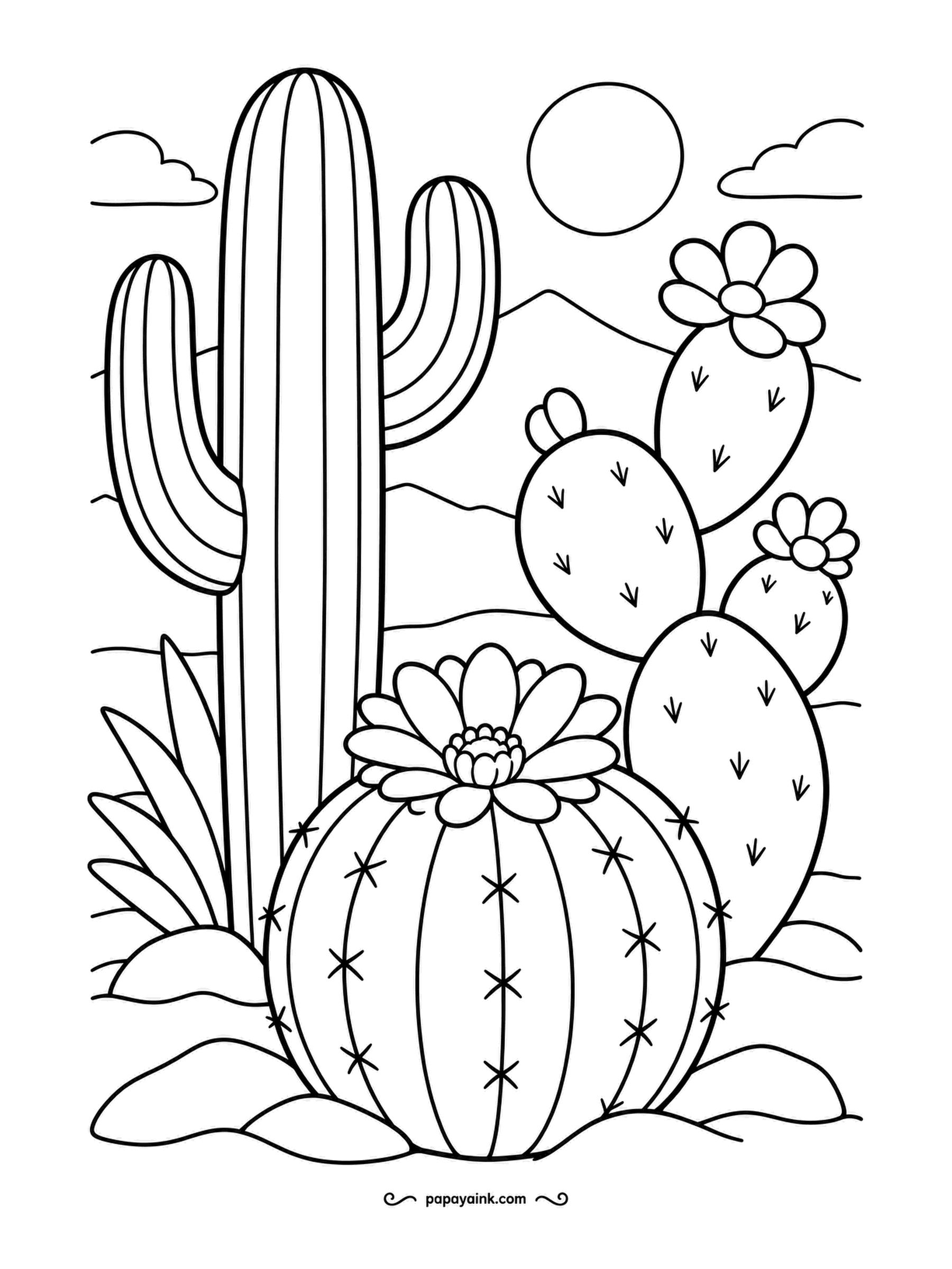 Garden Coloring Pages - Saguaro, prickly pear and a round barrel cactus with a flower on top, under a full sun with hills behind. Sage green for the cacti, a pale sand for the ground, and the flowers in shocking pink - cactus blooms really are that loud.
