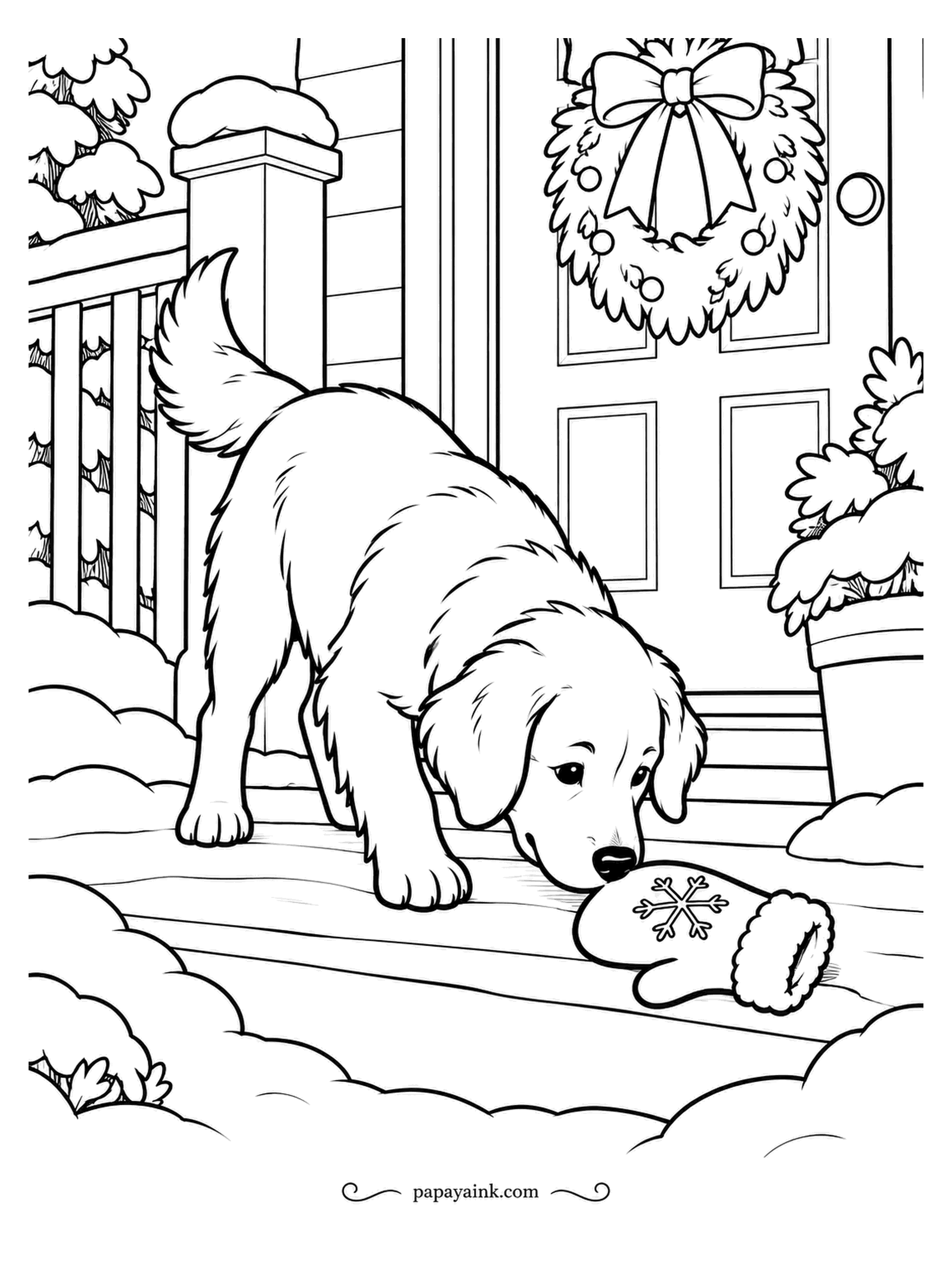 December Coloring Pages - Case closed: the golden retriever has found the lost mitten on the porch, right under the wreath on the front door. Whether it will be returned is another matter. Golden fur in layers, and a bright knitted mitten with a snowflake on the back.