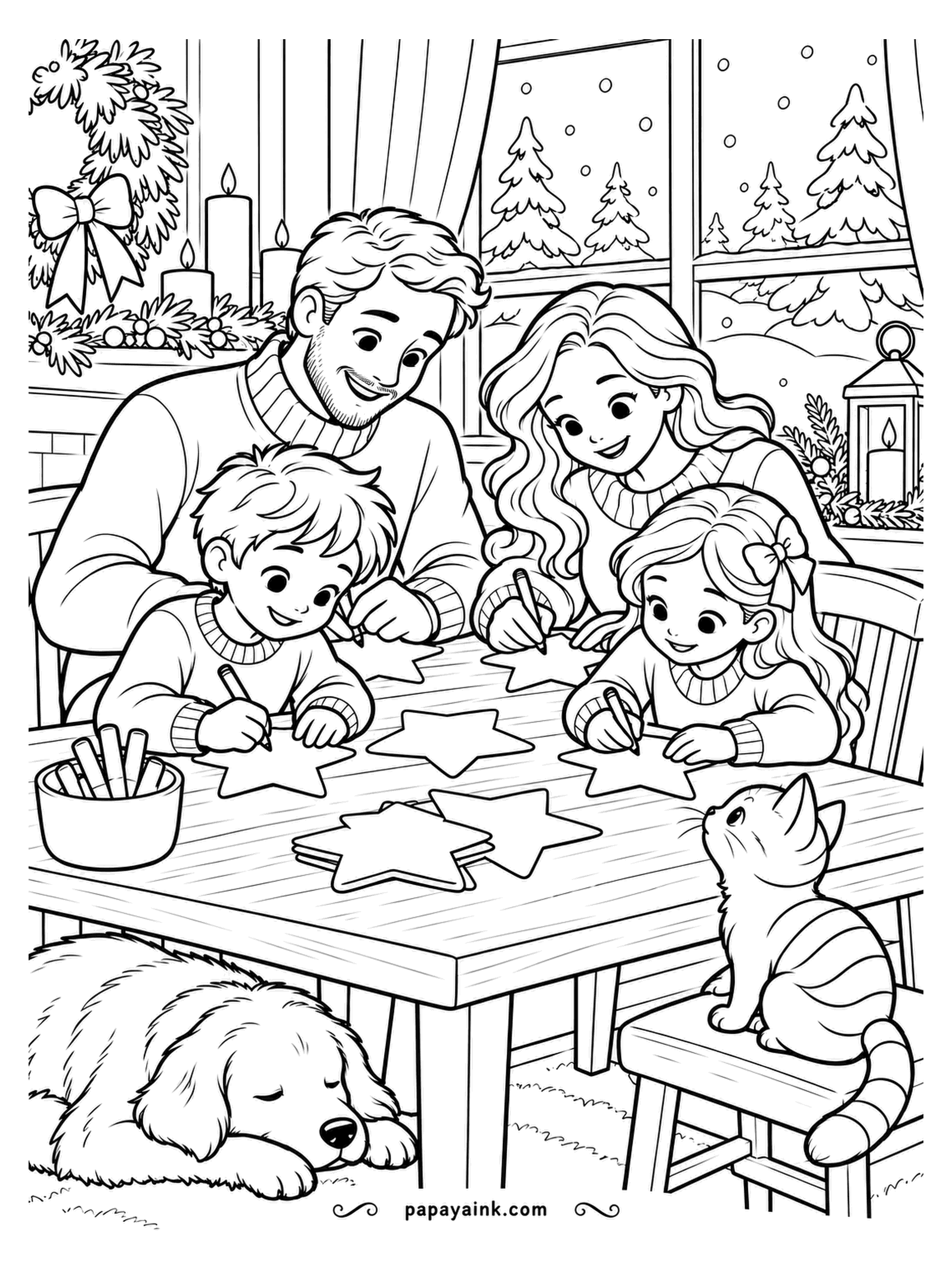 December Coloring Pages - Paper stars spread across the table, a pencil for everyone, and the wishes for next year going down one star at a time. The dog fell asleep before the first wish. Candlelight tones on the room; the stars stay pale so the writing shows.