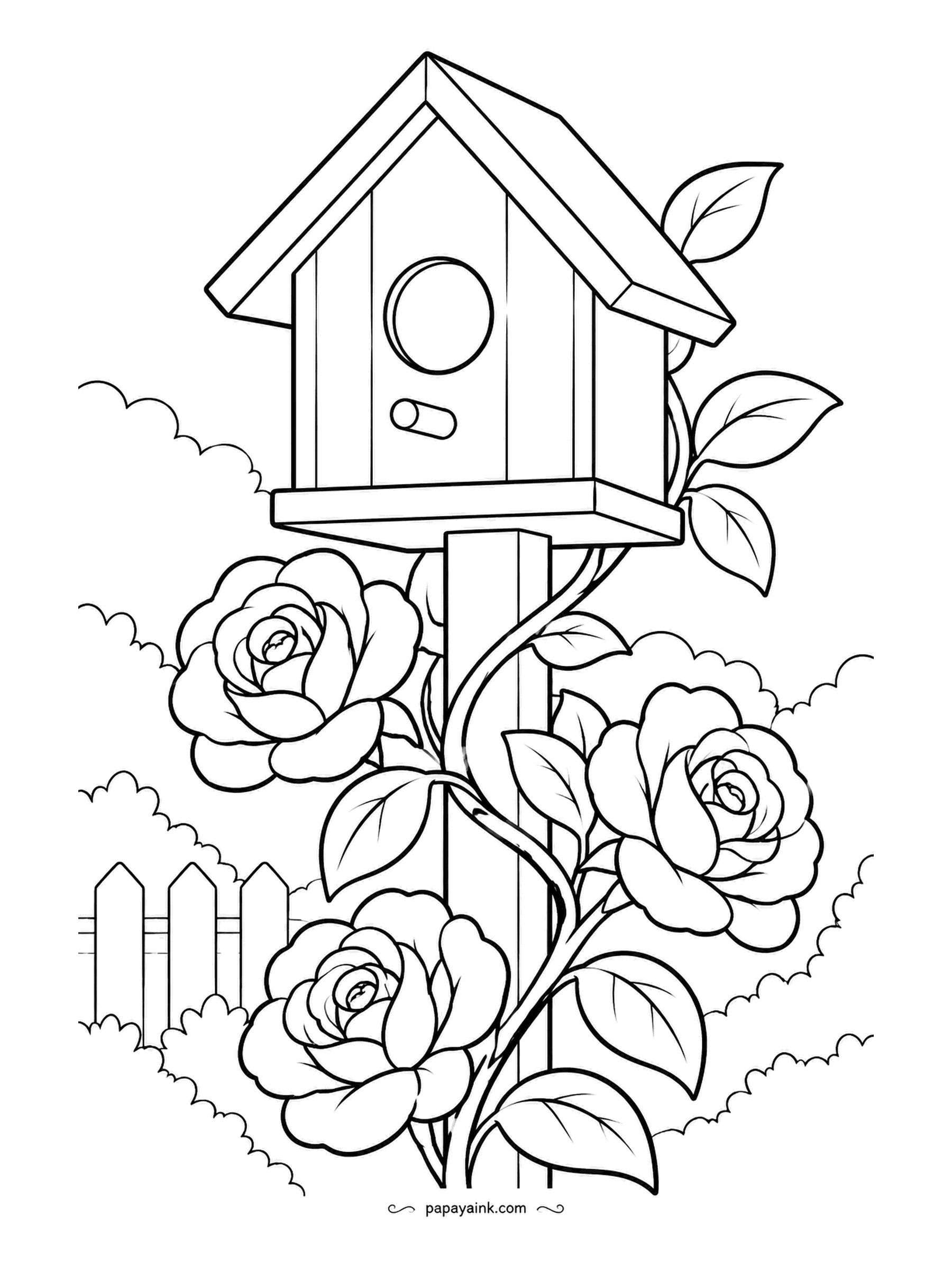 Garden Coloring Pages - Somebody nailed a birdhouse to a post and the rose took it as an invitation, winding up the pole with blooms on every side. Paint the house barn red or sky blue and the roses any shade but red, so the two do not fight.